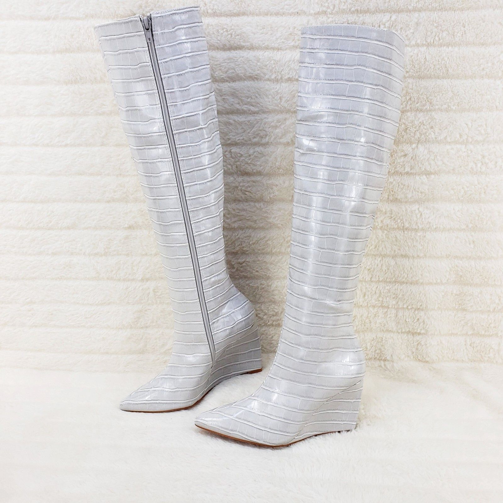 Other Ice White / Grey Reptile Texture Knee High Wedge Heel Boots Size US 10 / IT 40 - 7 Thumbnail