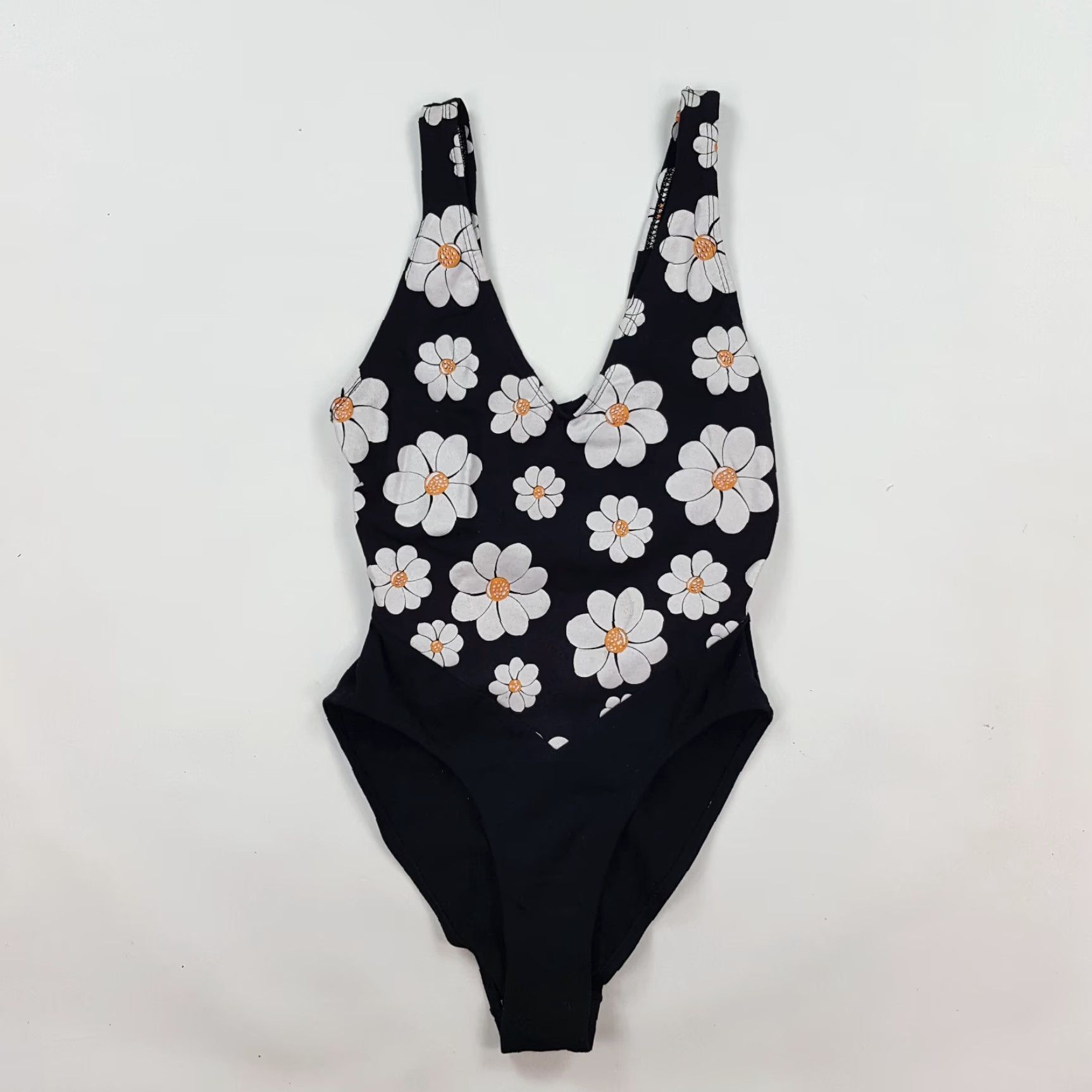 Sunflower VINTAGE Krystal K International Sunflower Halter One Piece Bikini Women's M Black Floral 80s Retro Plunge Top Split Size M / US 6-8 / IT 42-44 - 2 Thumbnail