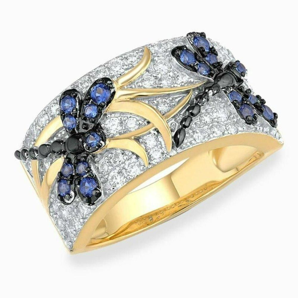 Designer Blue Dragonfly Inlaid Crystal Gold Ring - Size 6 Size ONE SIZE - 4 Thumbnail
