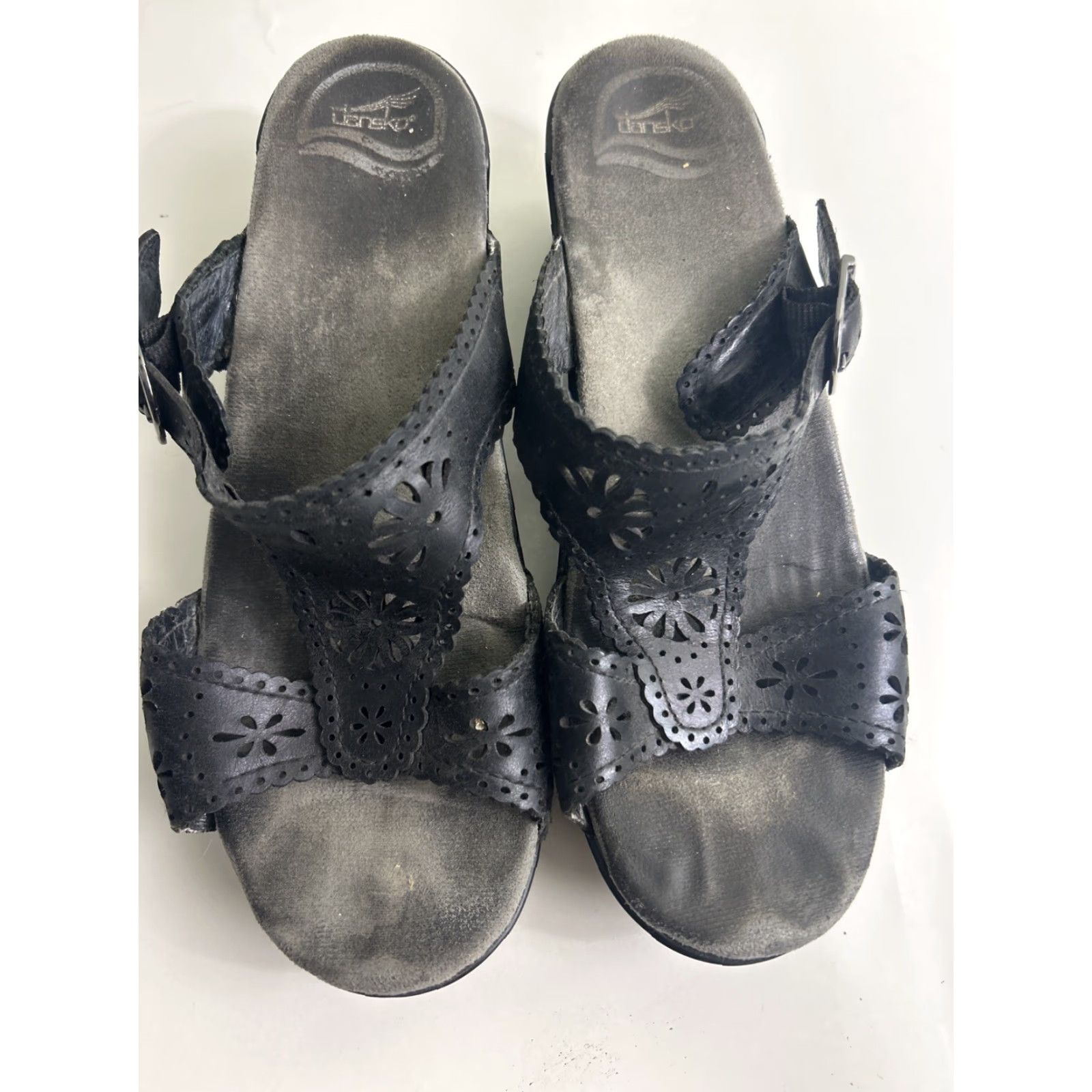 Dansko Dansko Sapphire Sandal Womens Black Leather Cutout Eyelet Slide Wedge 39 US 8.5 Adjustable Buckle Leather Lining Floral Pattern Size US 9 / IT 39 - 7 Thumbnail