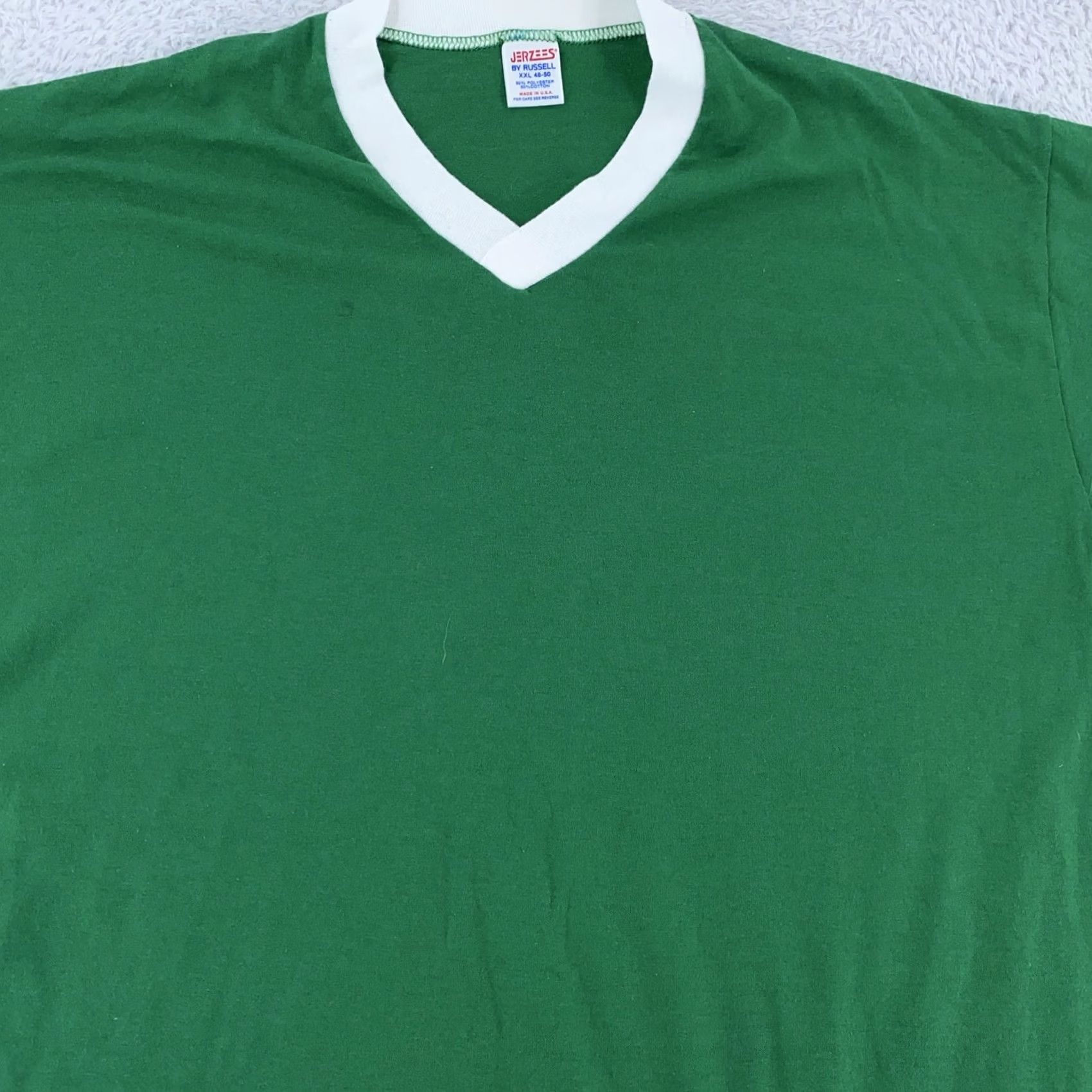 Jerzees VINTAGE Jerzees T-Shirt Green Mens L V-Neck Jersey Shirt Short Sleeve Striped Sleeve 80s Jersey Knit Size US L / EU 52-54 / 3 - 2 Thumbnail