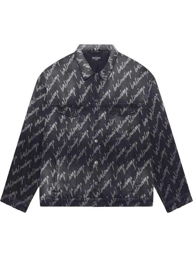 Balenciaga all-over logo oversized denim jacket in black Size US M / EU 48-50 / 2 - 1 Thumbnail