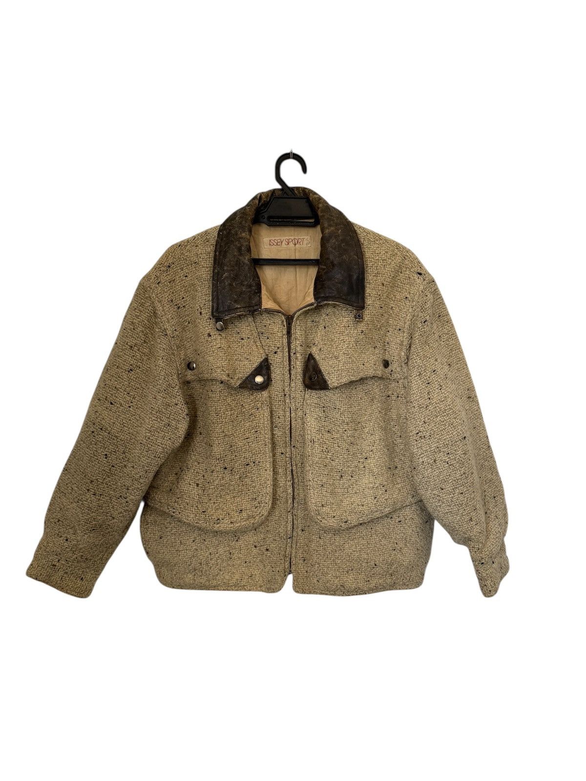 SUPER RARE VINTAGE ISSEY MIYAKE KNIT JACKET LEATHER COLLAR