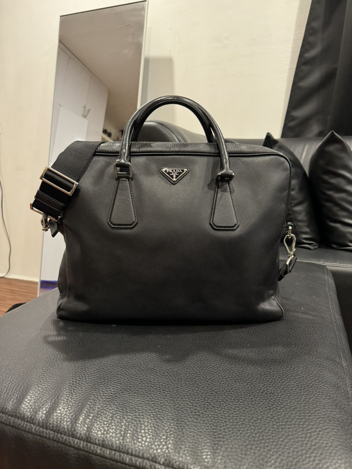 image of Prada Black Saffiano Leather Briefcase Bag, Men's