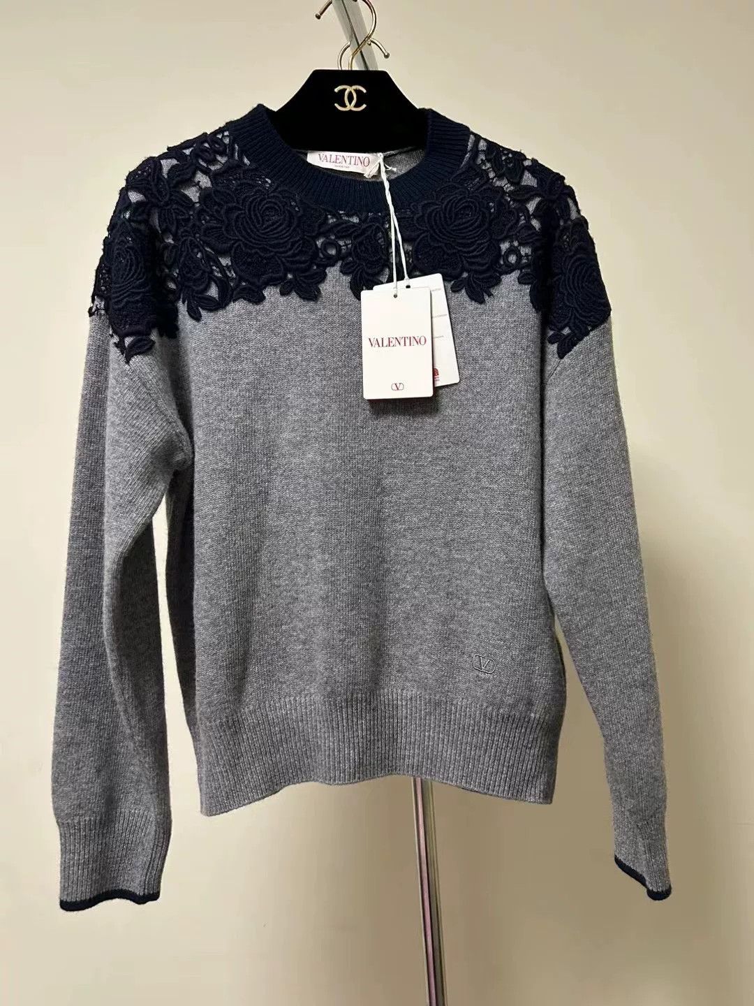 Valentino Gray Floral Wool Sweater S