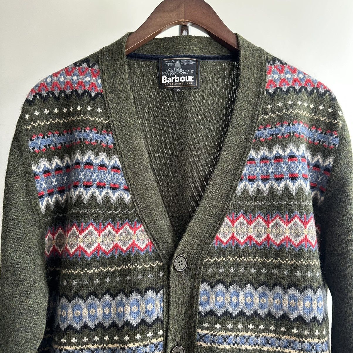 Barbour × Vintage Vintage Barbour Midon Fair Isle Olive Cardigan Size US XL / EU 56 / 4 - 2 Thumbnail