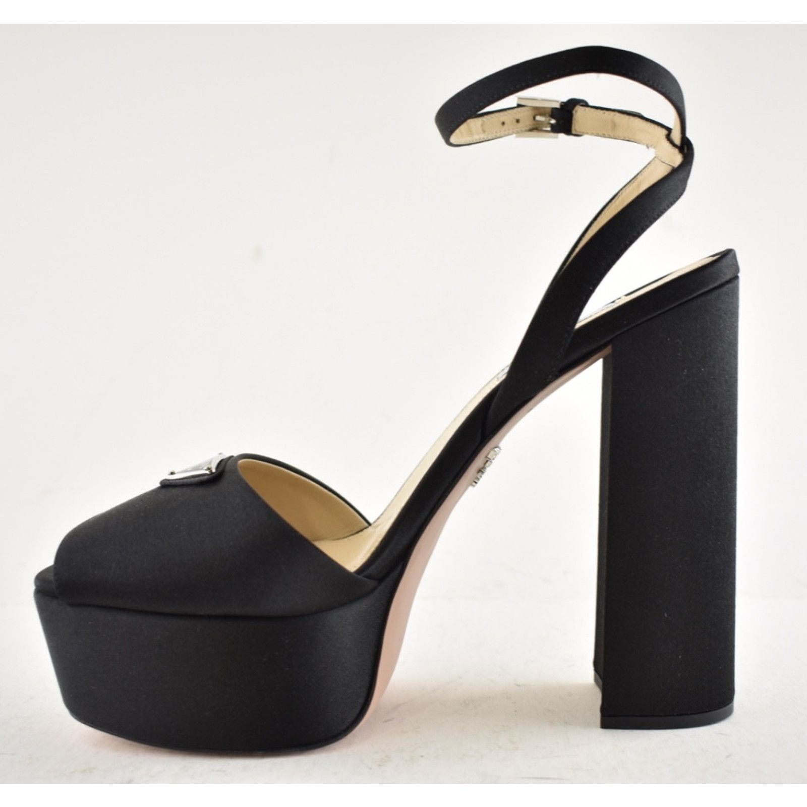 Prada Prada 135mm Black Satin Logo Platform Sandal Ankle Strap Size US 10 / IT 40 - 6 Thumbnail