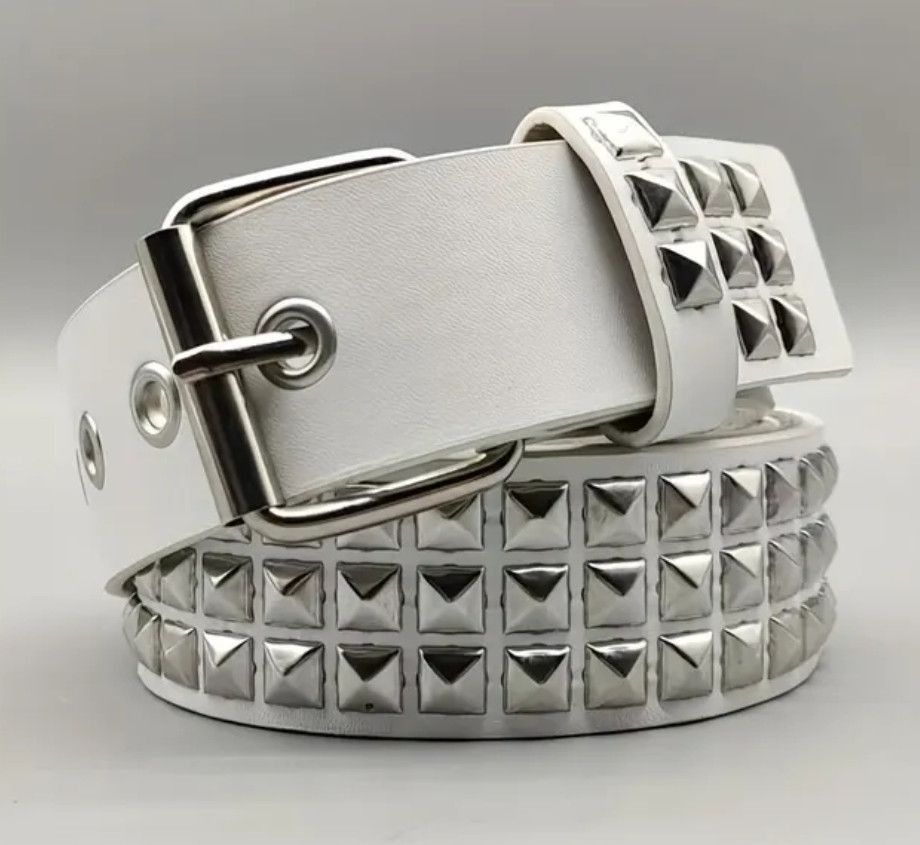 Designer 110cm White Belt Pyramid Studded Punk Size ONE SIZE - 2 Thumbnail