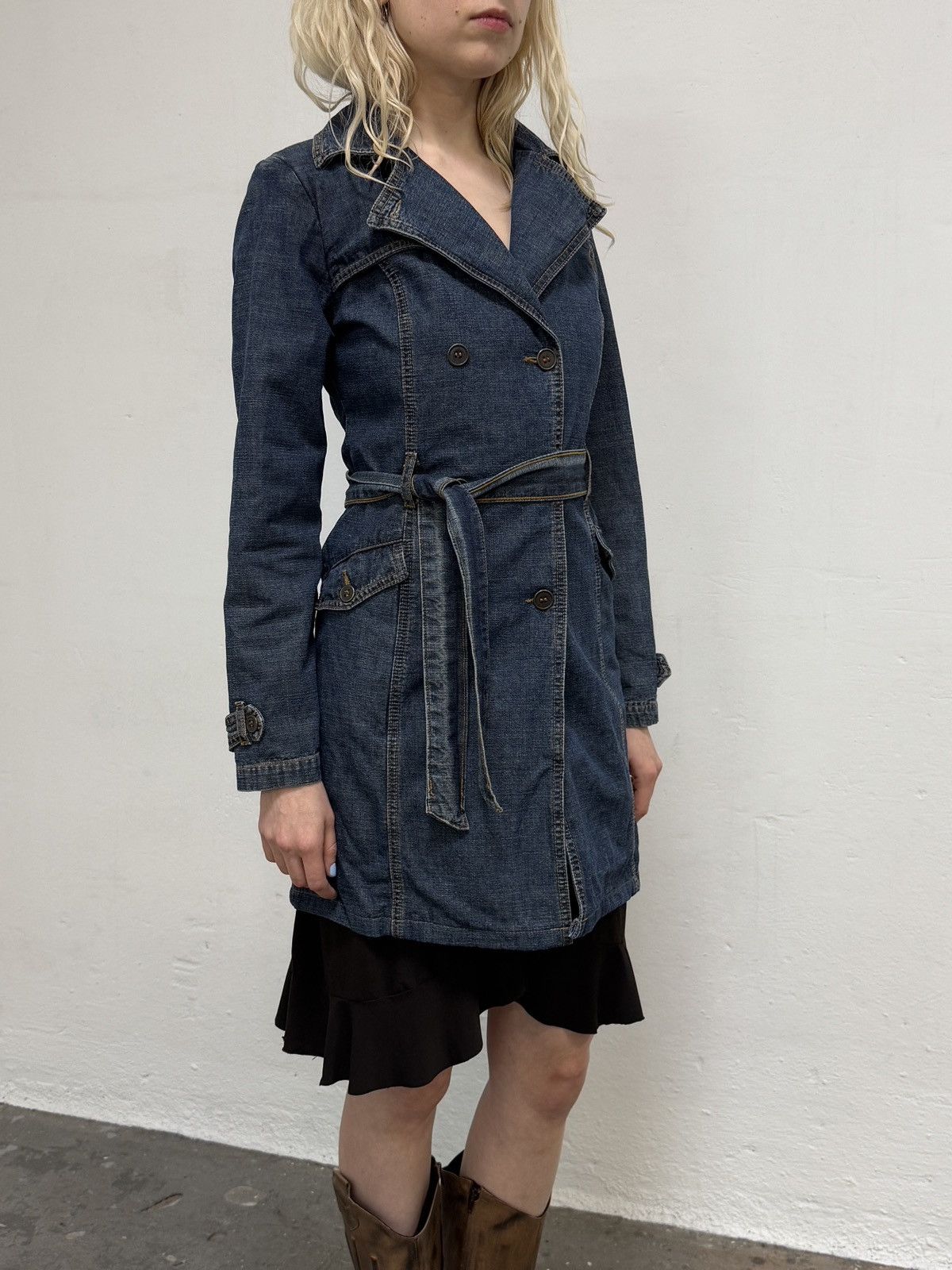 Vintage y2k Denim Trench Coat Size S / US 4 / IT 40 - 2 Thumbnail