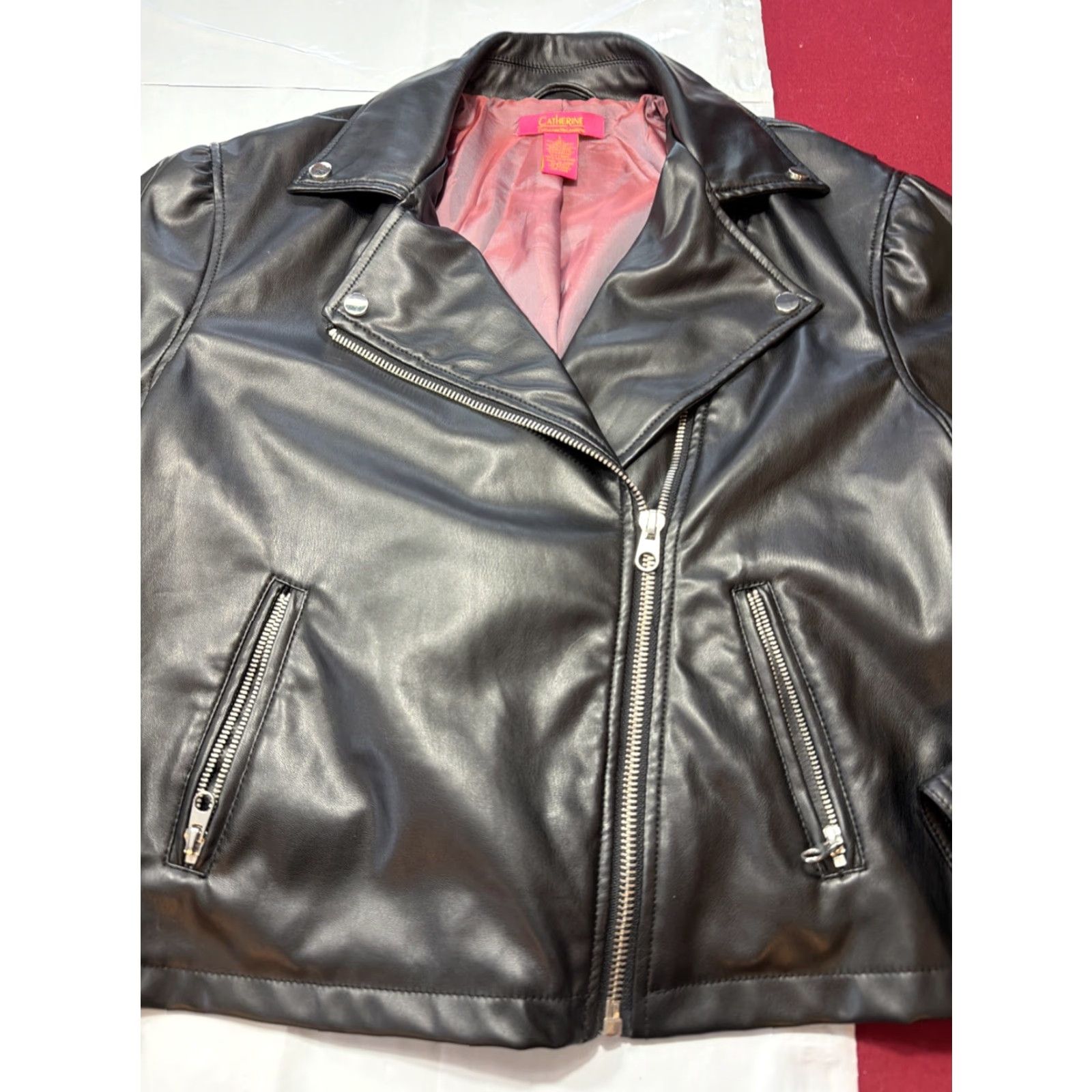Vintage Catherine Malandrino Black Moto Zip Biker Jacket Women L Pink Lining Zip Pockets Jacket Size L / US 10 / IT 46 - 5 Thumbnail