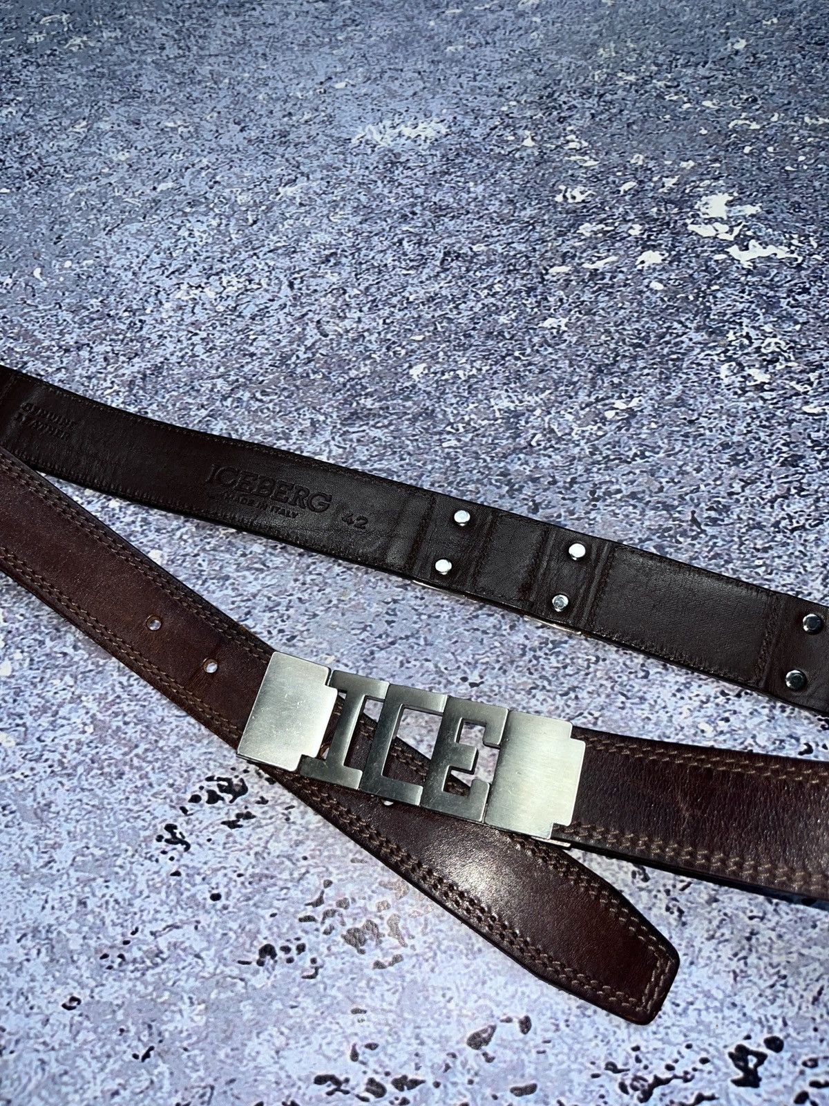 Vintage Iceberg Leather Belt 126 cm Luxury Metal logo