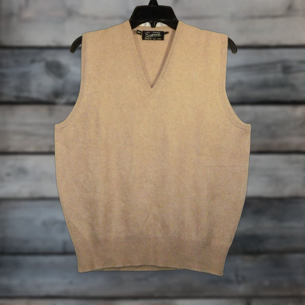 VINTAGE Cashmere Sweater Vest Men 42 Beige Sleeveless V-Neck Knit