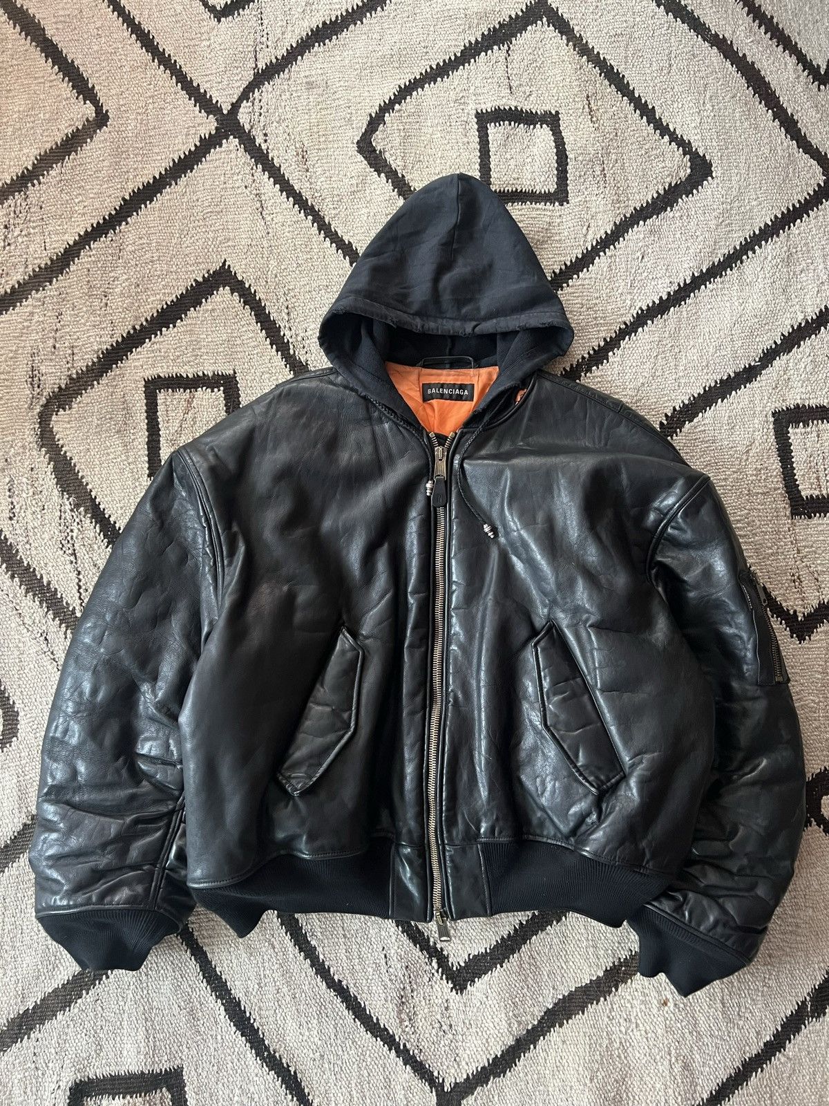 image of Balenciaga 2024 Leather Bomber Jacket in Black, Men's (Size XS)
