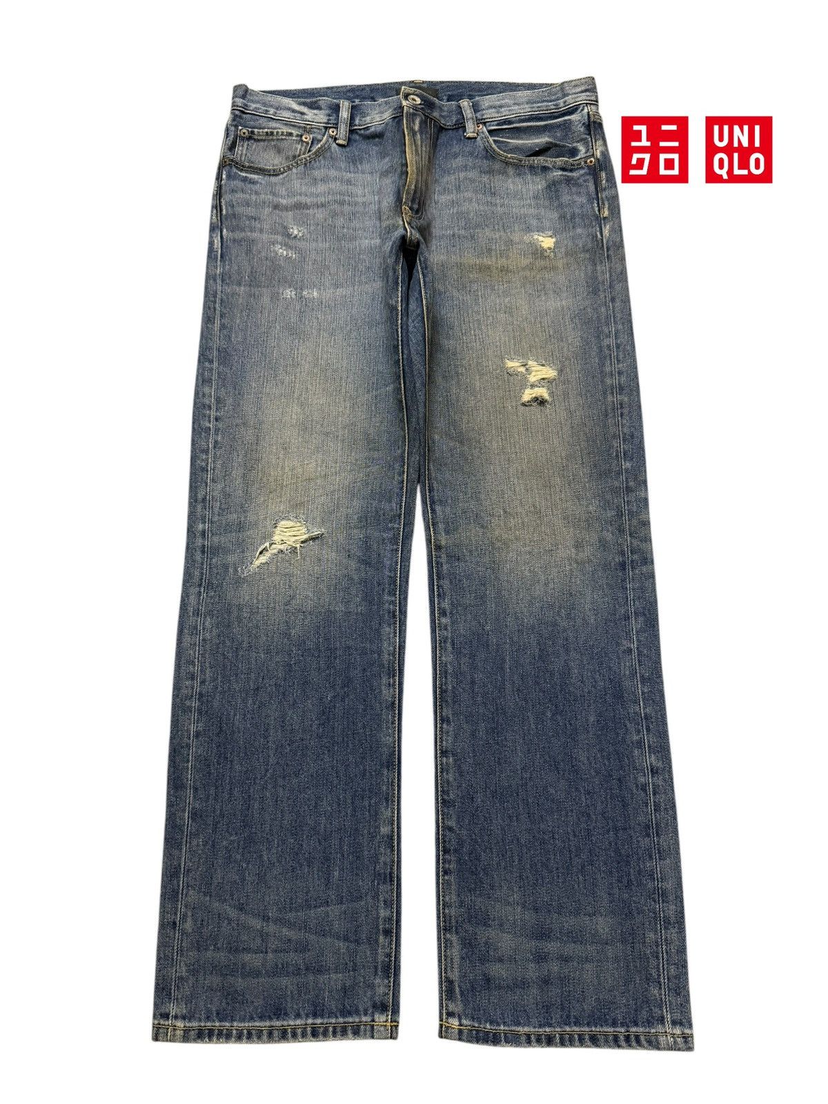 Uniqlo Vintage Y2K Japanese Uniqlo Faded Wash Distress Straight Leg Size US 34 / EU 50 - 1 Thumbnail