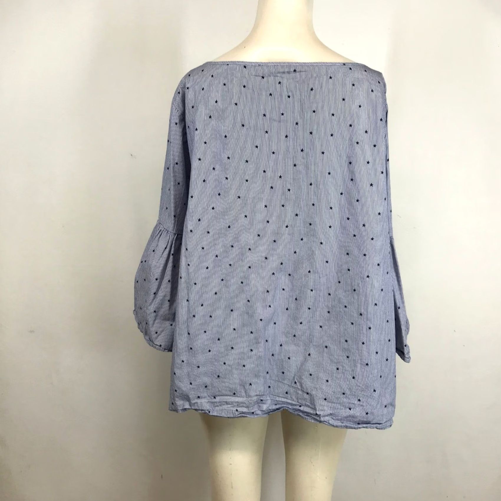 Vintage Zac & Rachel Woman 1X Blue White Pinstripe Star Embroidered Bell Sleeve Blouse Size XL / US 12-14 / IT 48-50 - 5 Thumbnail