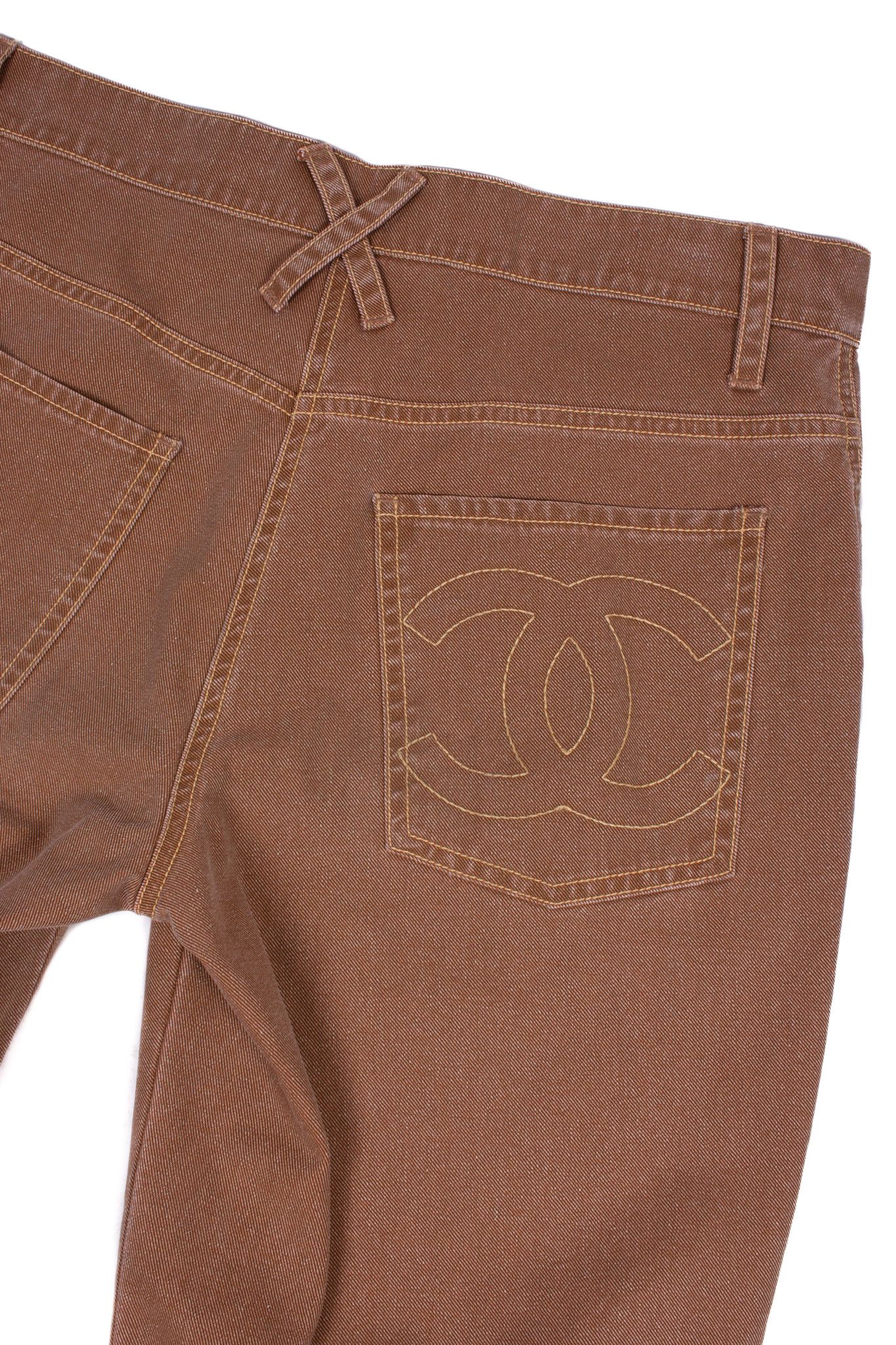 image of Chanel Tan Cotton Cc Logo Stitching Cropped Jeans, Women's (Size 30)