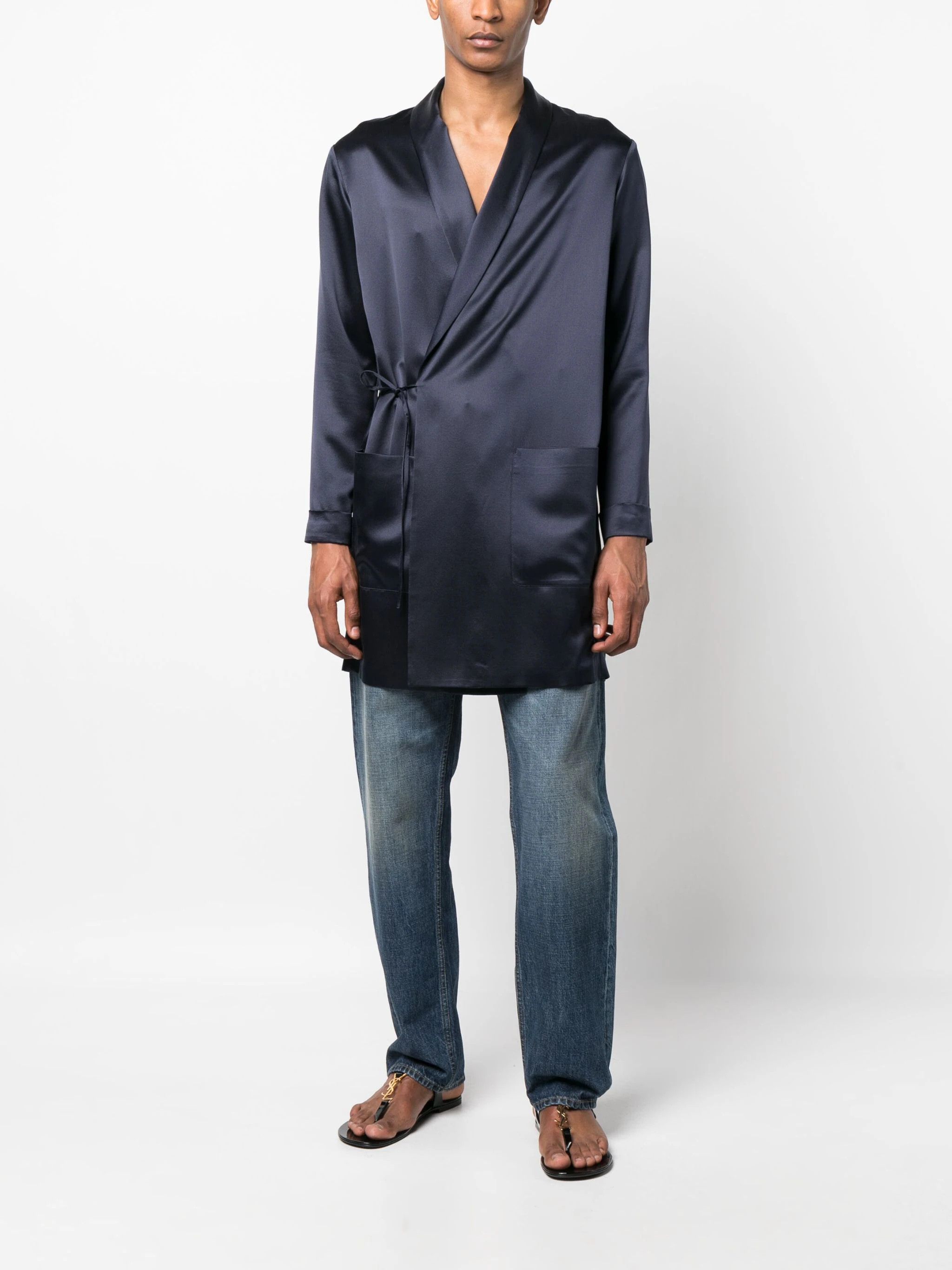 Saint Laurent Paris o1s1wg110924 Off-Centre Silk Coat in Navy Blue Size US XS / EU 42 / 0 - 2 Thumbnail