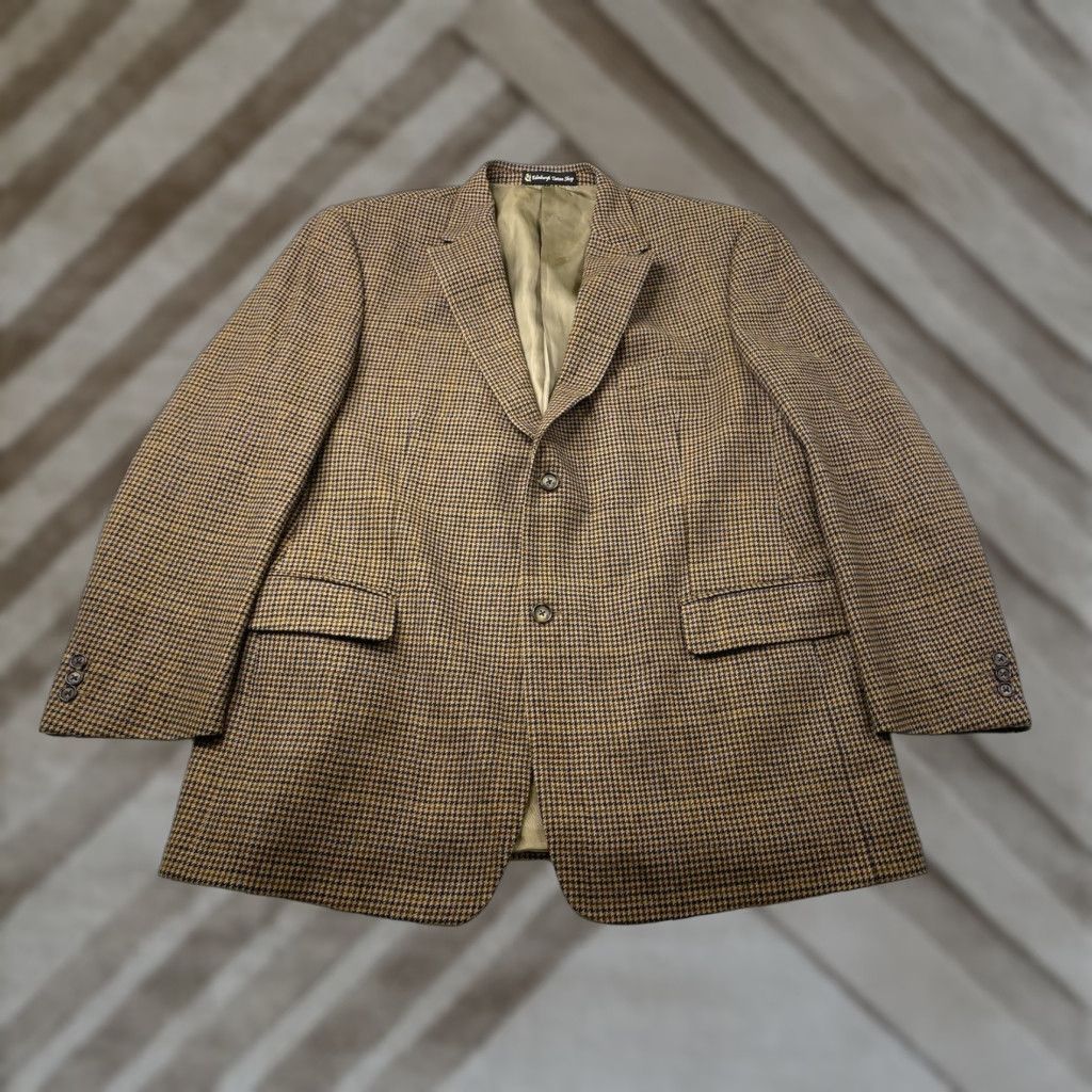 Vintage Edinburgh Sport Coat Men 46R Brown 100% Cashmere Houndstooth Blazer Jacket Elbow Edinburgh Size 46R - 1 Thumbnail