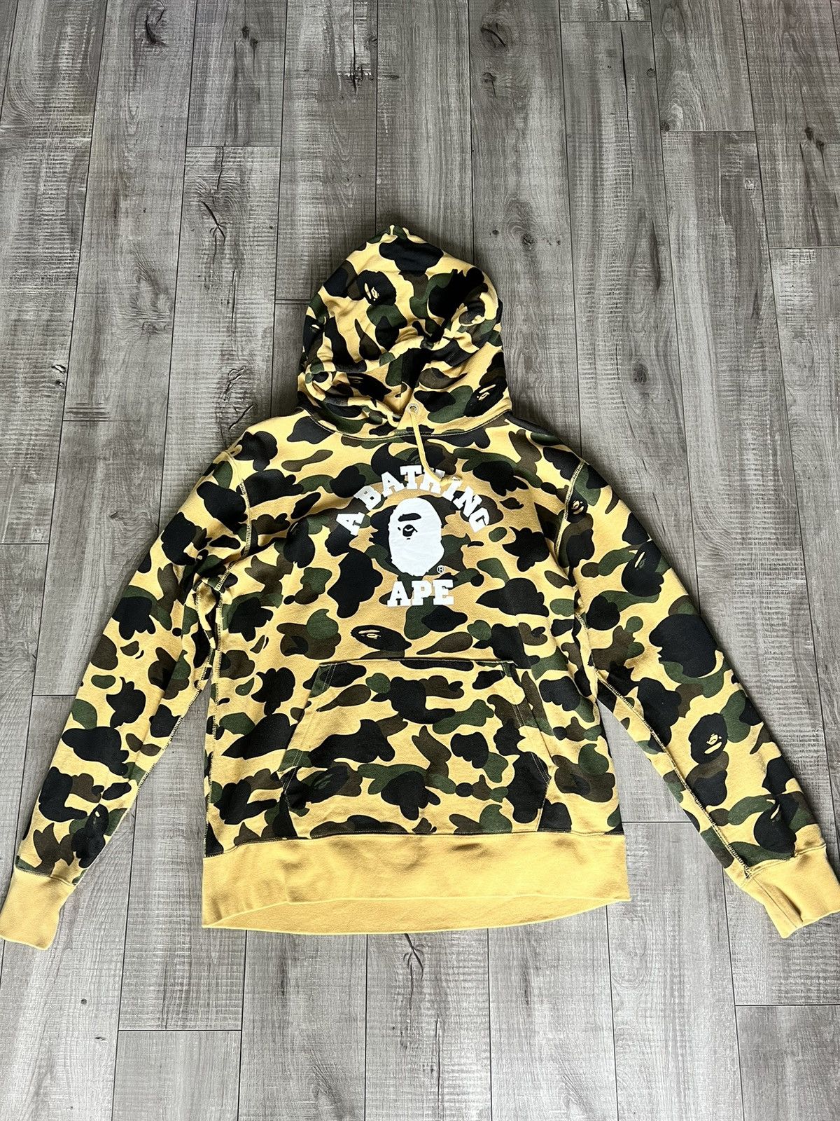 image of Bape 1St Camo College Pullover Hoodie in Yellow, Men's (Size XL)