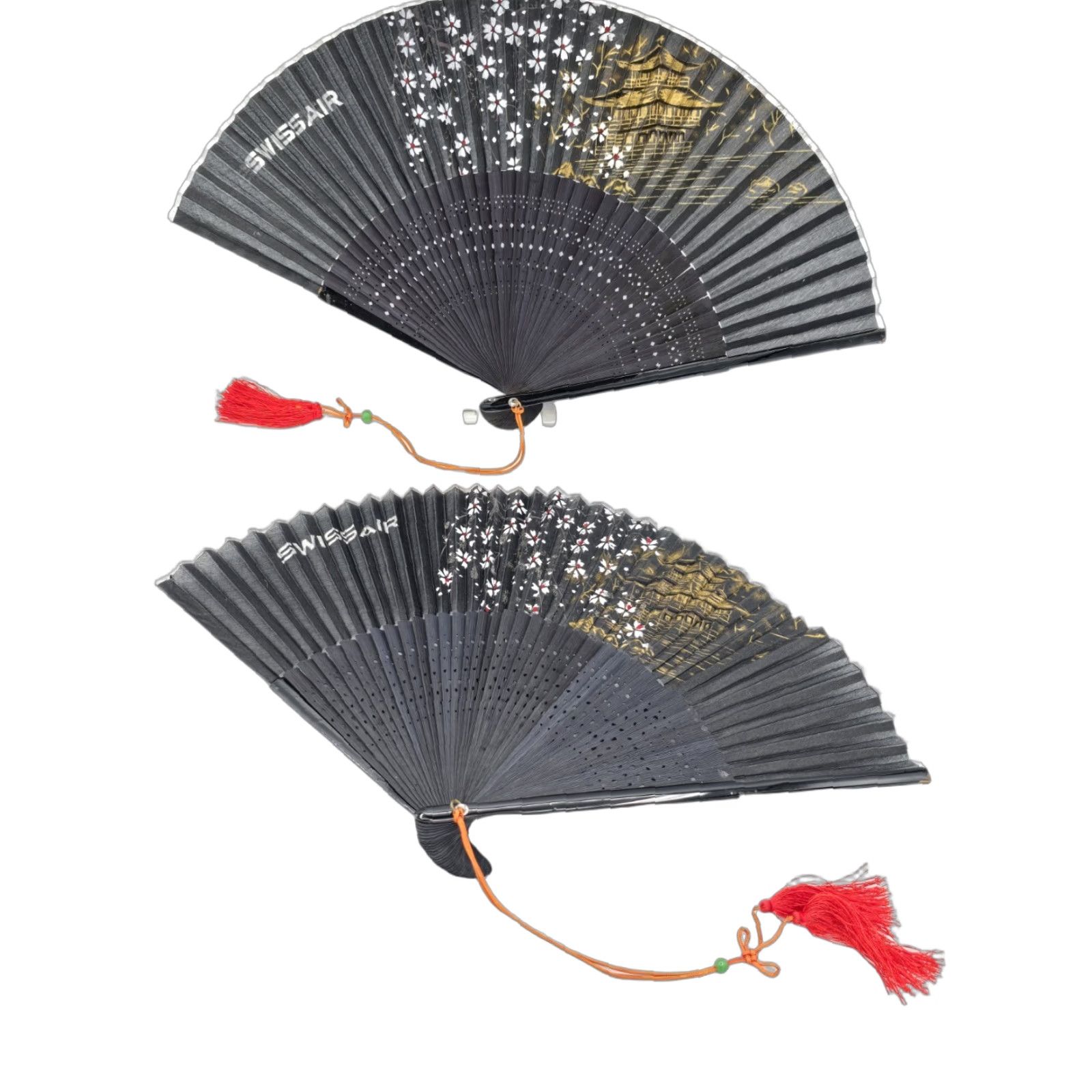 VINTAGE Swissair Folding Fans Black And Gold Handpainted Paper Bamboo 2 Lot
