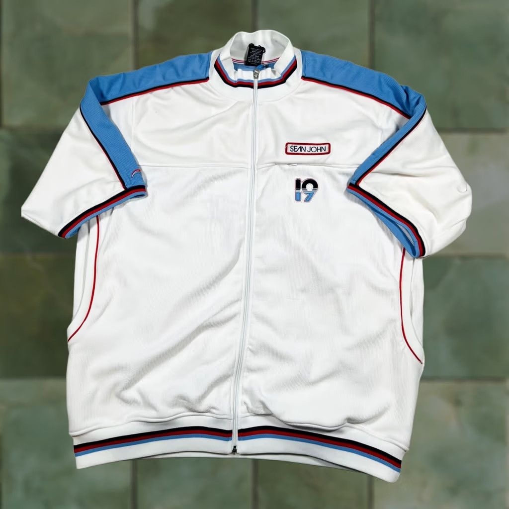 Sean John VINTAGE Sean John Jacket Mens 3XL White Blue Short Sleeve Full Zip Track Retro Size US 39 - 1 Thumbnail