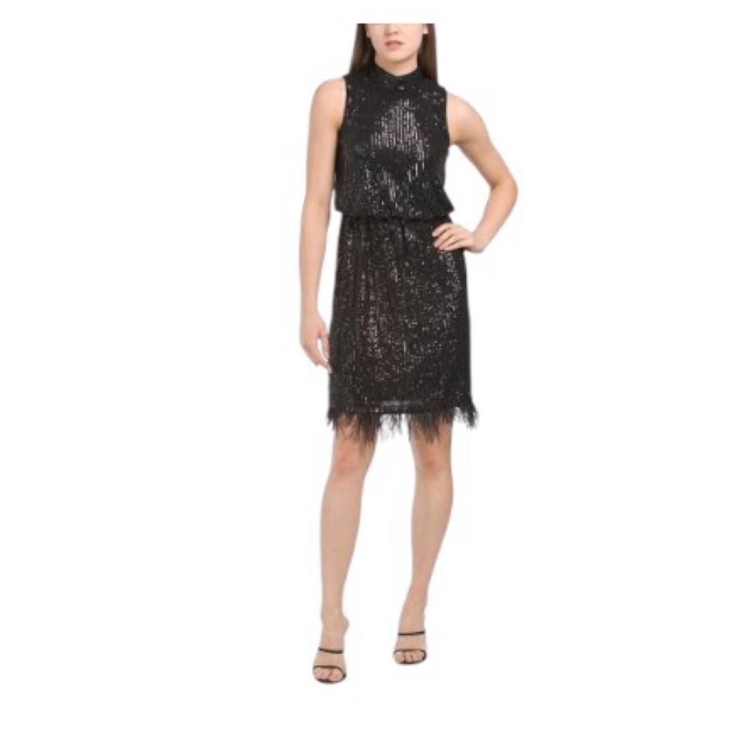Nanette Lepore Nanette Lepore Womens Black Feather Trim Sequined High Neck Size XL / US 12-14 / IT 48-50 - 1 Thumbnail