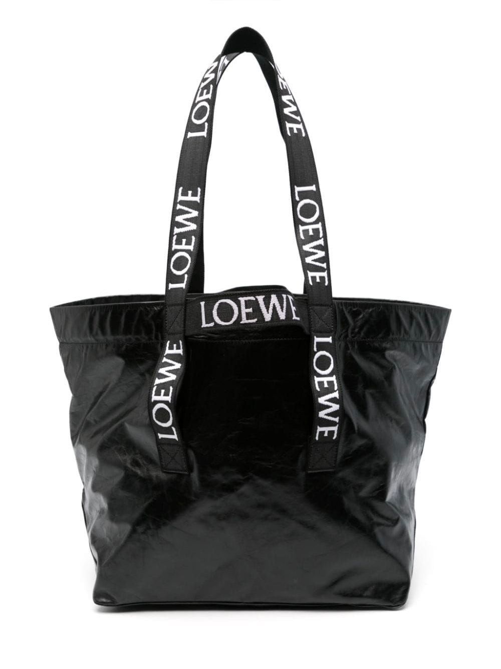 image of Loewe Fold Shopper In Paper Leather Tote in Black, Women's