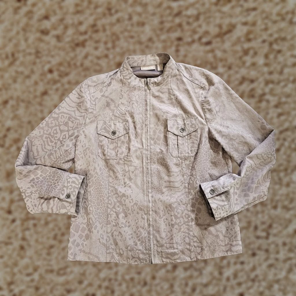 Vintage Chicos Jacket Womens Large Tan Animal Print Long Sleeve Full Zip Casual Career Jacket Size L / US 10 / IT 46 - 1 Thumbnail