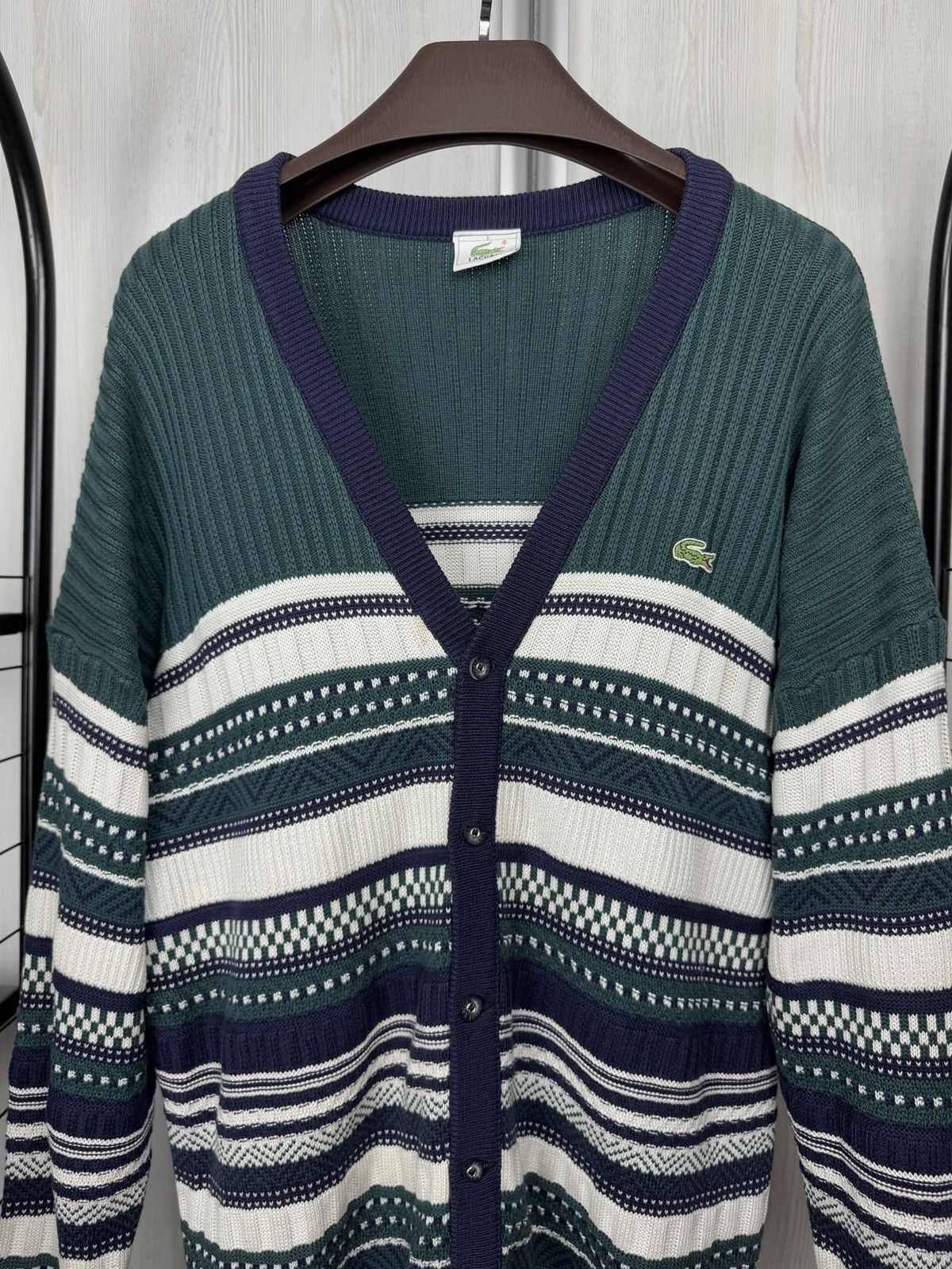 Lacoste Lacoste vintage 90s green striped cotton blend cardigan Size US L / EU 52-54 / 3 - 3 Thumbnail