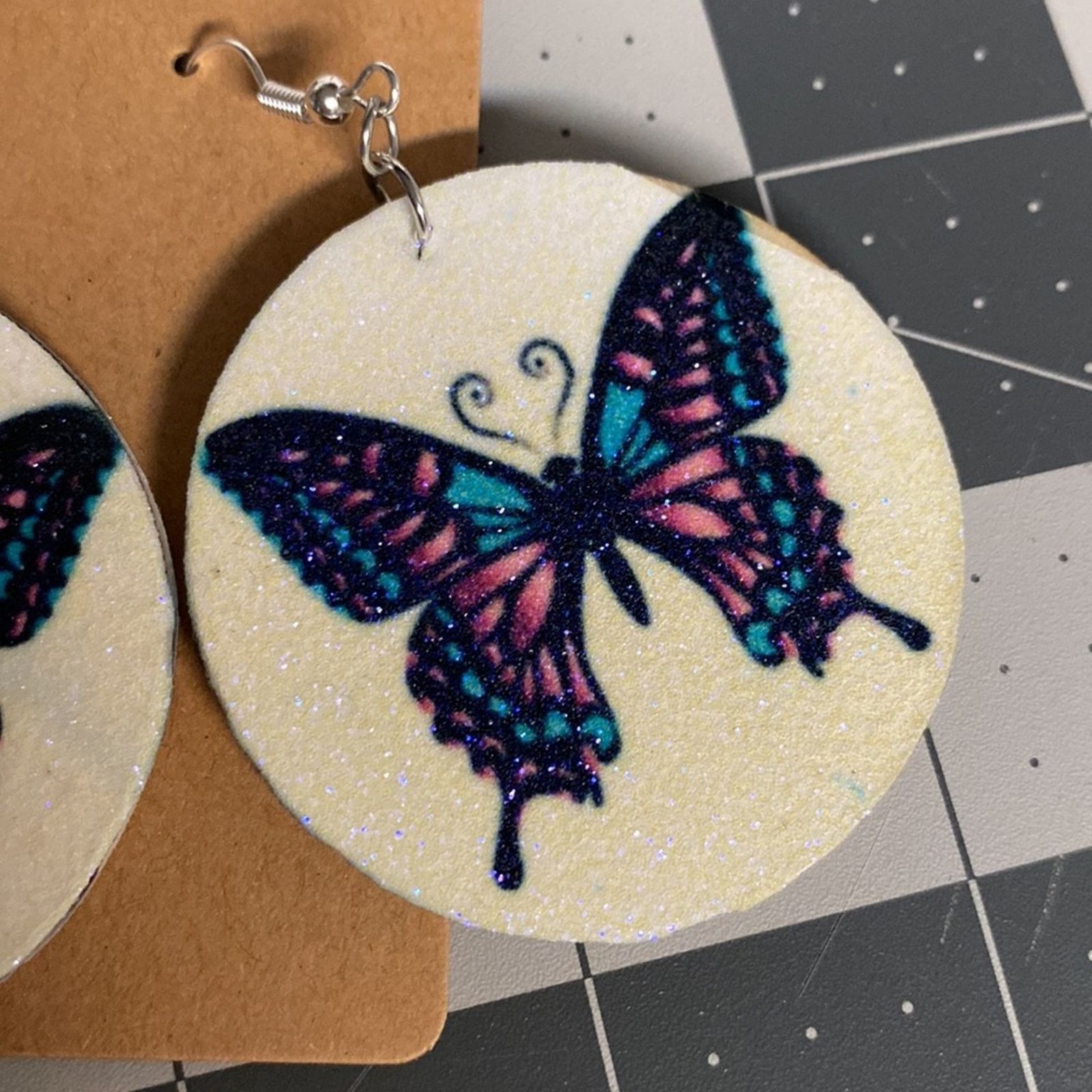 Handmade Y2K Fairycore Glitter Butterfly Statement Earrings Purple Size ONE SIZE - 3 Thumbnail