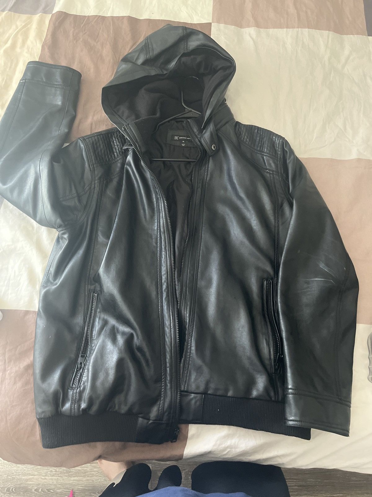 I.N.C XL leather jacket used removable leather hoodie Size US XL / EU 56 / 4 - 1 Thumbnail