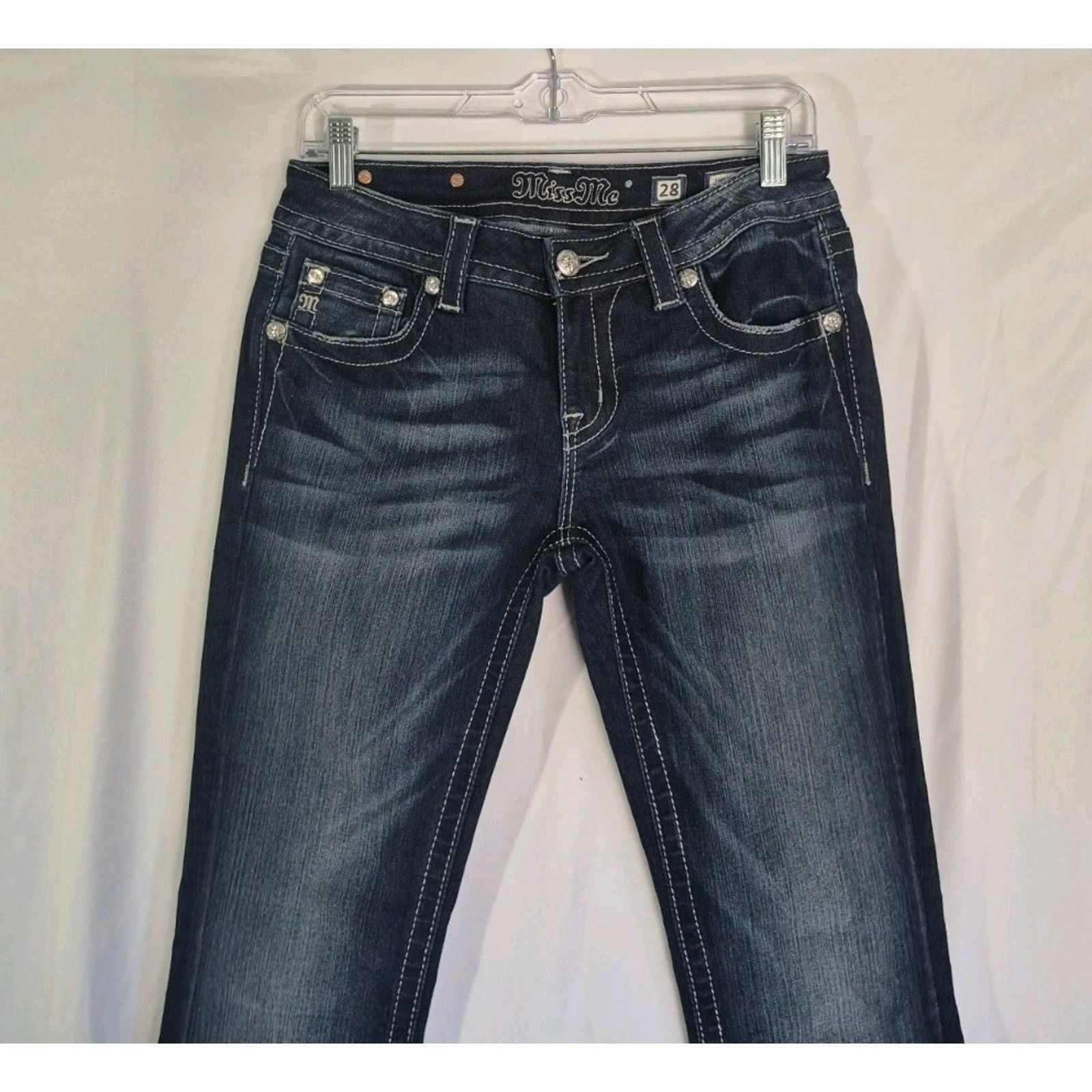 Miss Me Miss Me Signature Boot Dark Blue Rhinestone Flare Jeans 28 Size 28" / US 6 / IT 42 - 2 Thumbnail