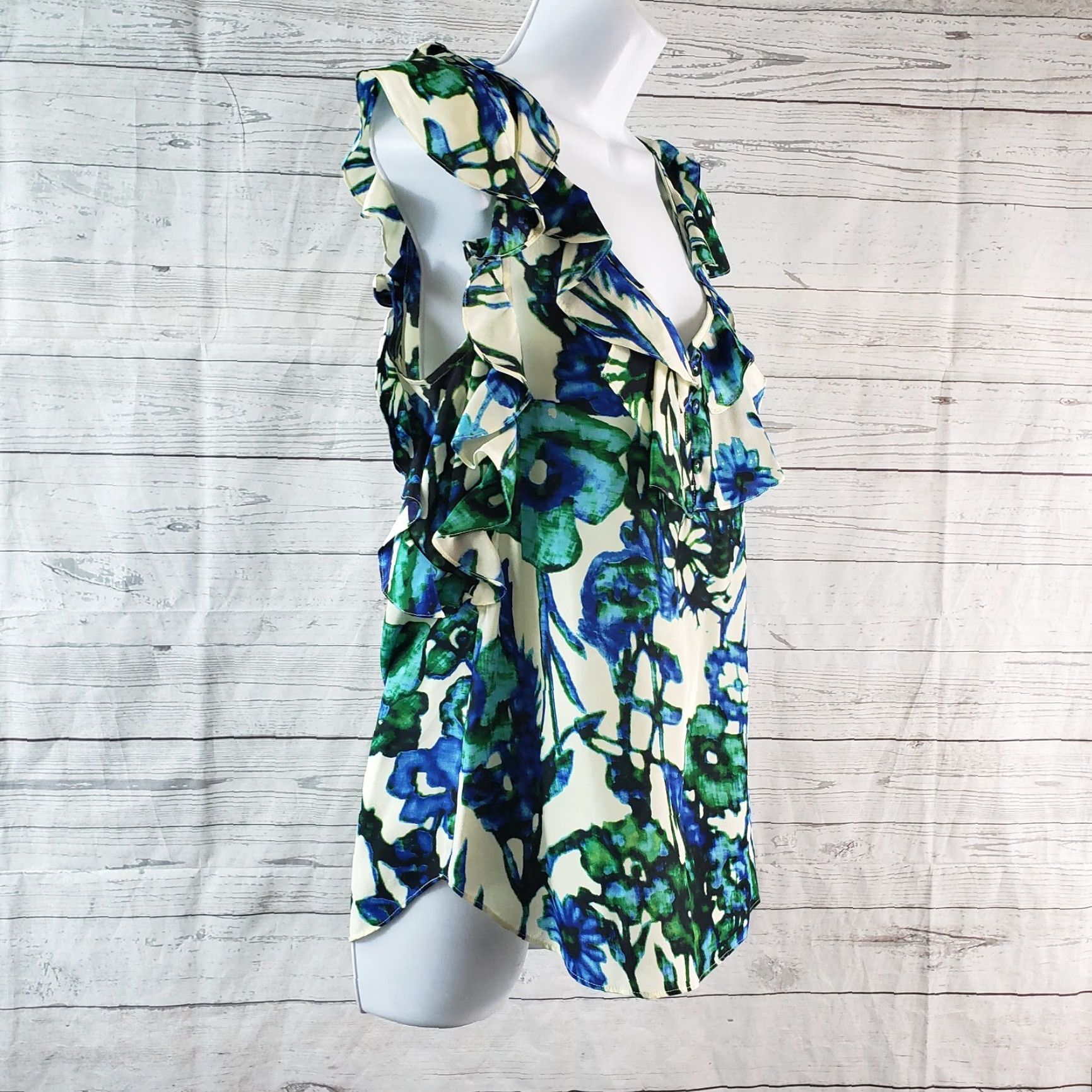 Rebecca Taylor Rebecca Taylor Womens Silk Top Sz 8 Blue Green Floral Sleeveless Scoop Neck Blouse Size M / US 6-8 / IT 42-44 - 3 Thumbnail