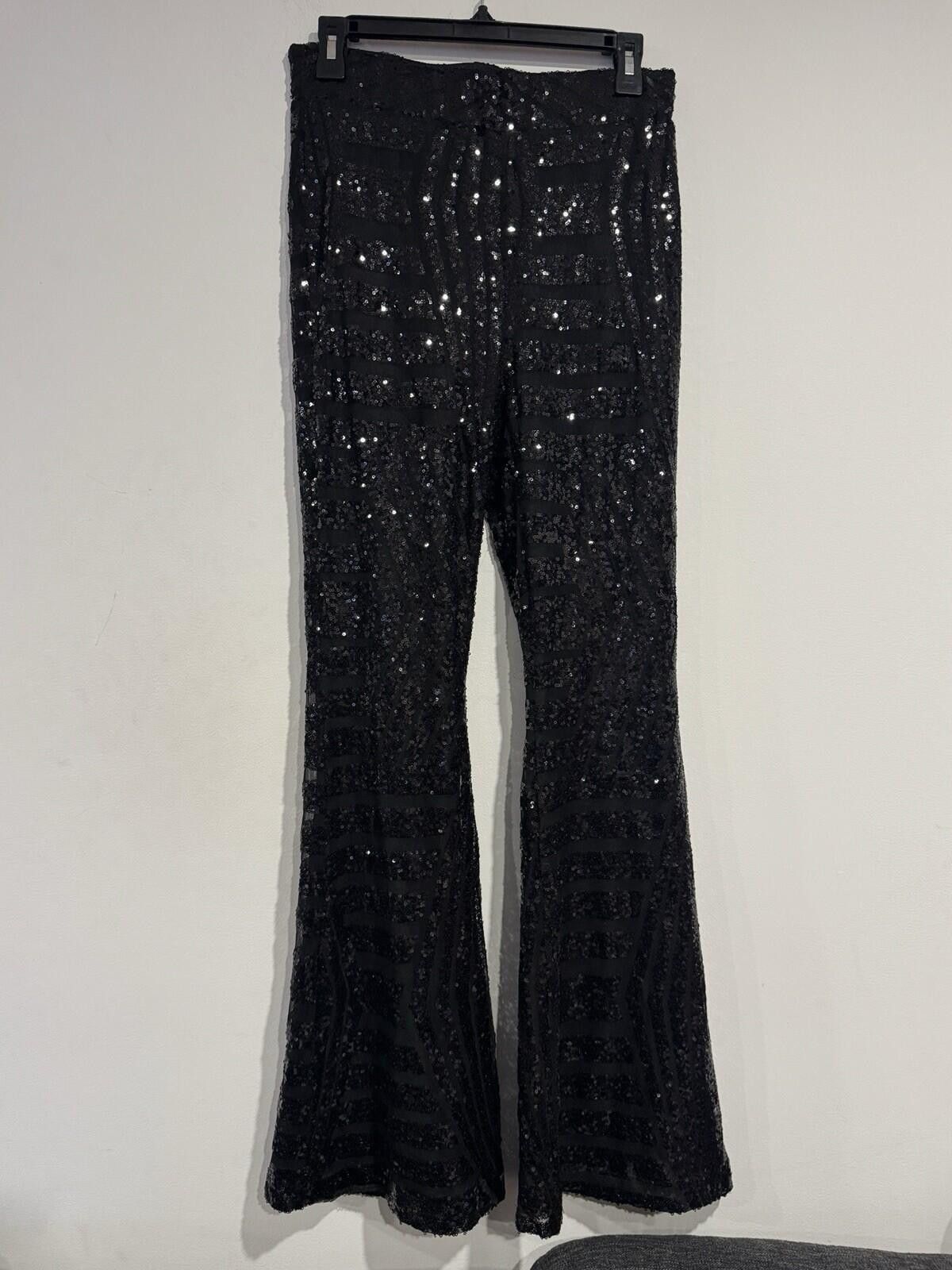 The Unbranded Brand Black Sequin Flare Pants Stretch High Rise Glam Womens Sz L Size 36" / US 14 / IT 50 - 9 Thumbnail