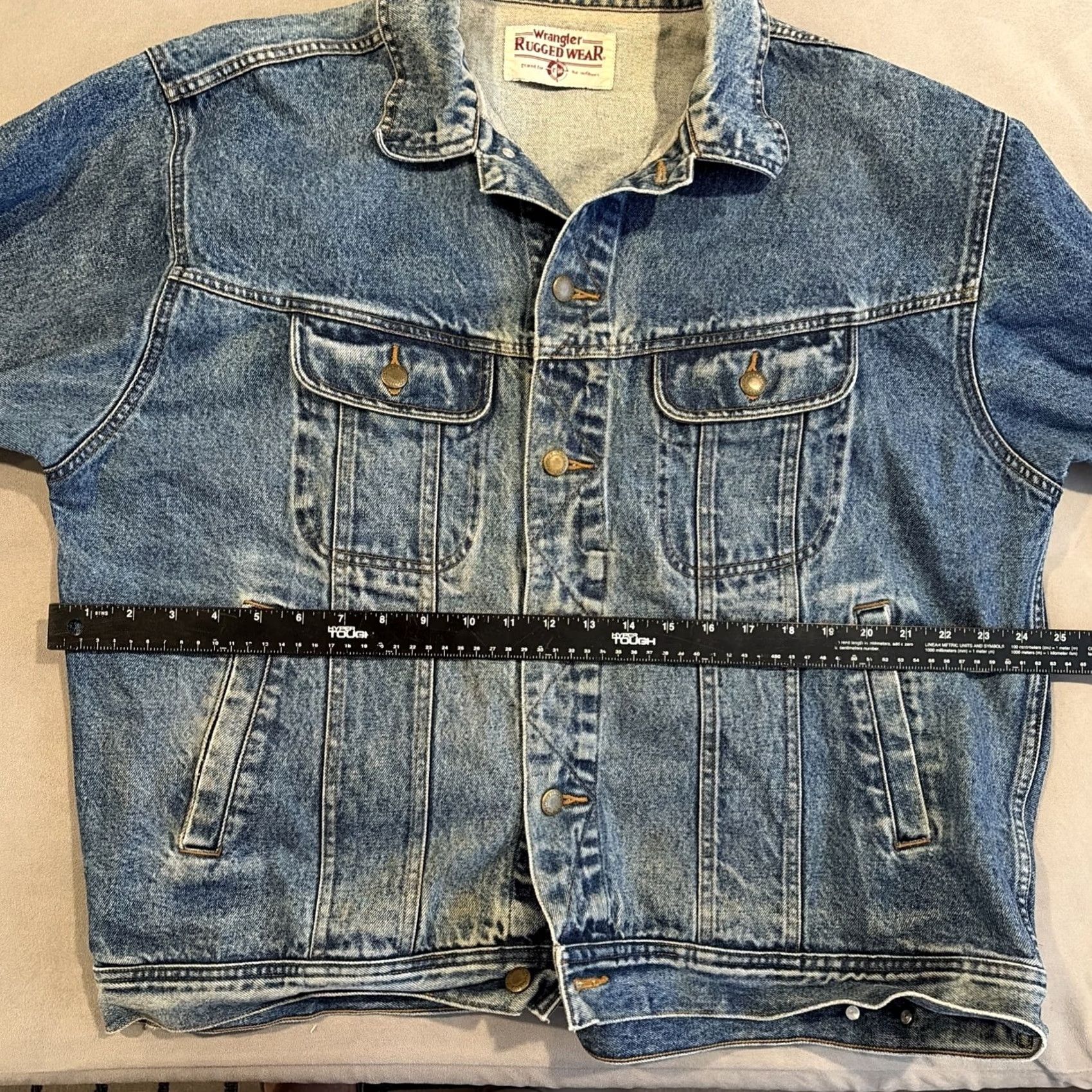 Wrangler VINTAGE Wrangler Rugged Wear Jacket Denim Blue 2XL Mens Biker Trucker Jeans Coat Men Size US 39 - 6 Thumbnail