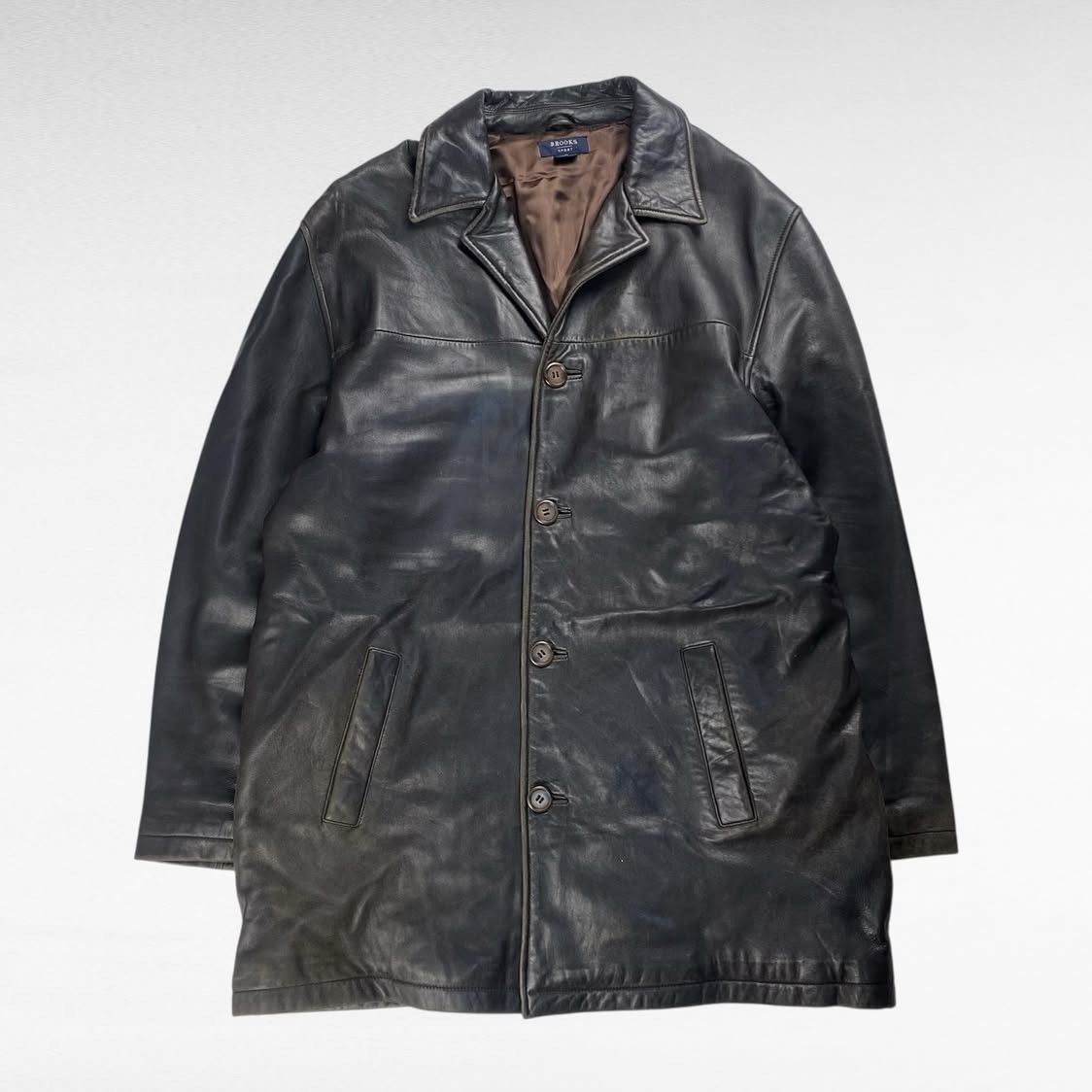 Vintage BROOKS SPORT Open Collar Leather Coat Brown Size L Size US L / EU 52-54 / 3 - 1 Thumbnail