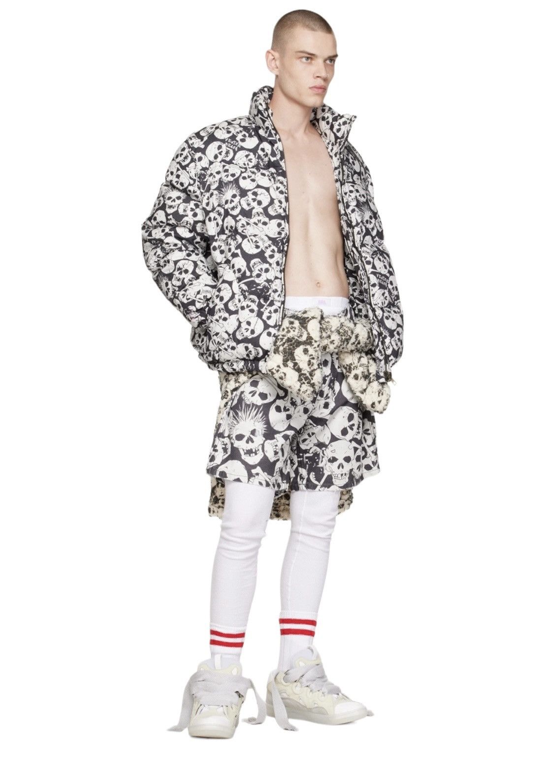 image of Erl Unisex Skull Print Woven Puffer Coat in White, Men's (Size Small)