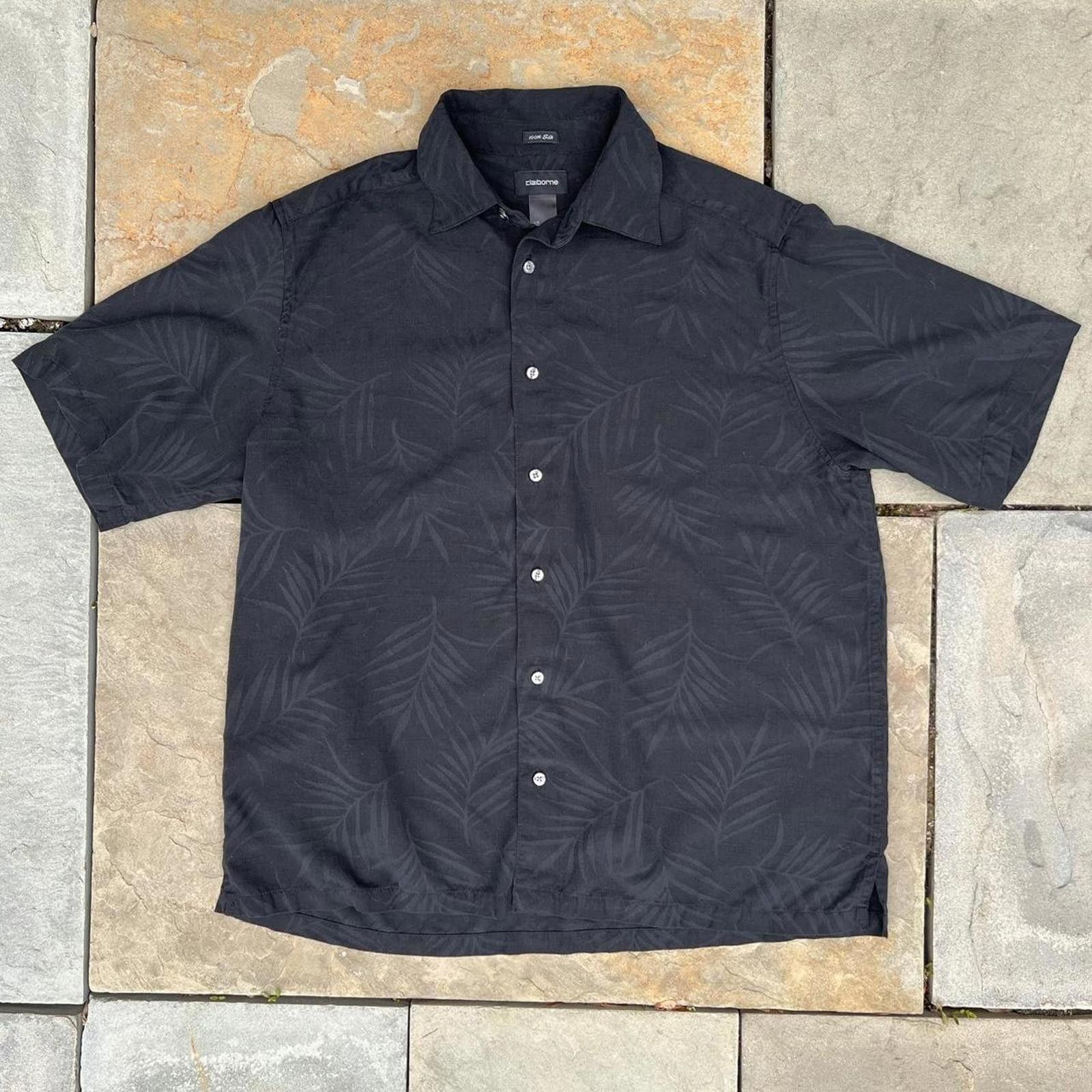 Liz Claiborne Y2K Black Silk Tonal Palm Pattern Shirt Size US L / EU 52-54 / 3 - 1 Thumbnail