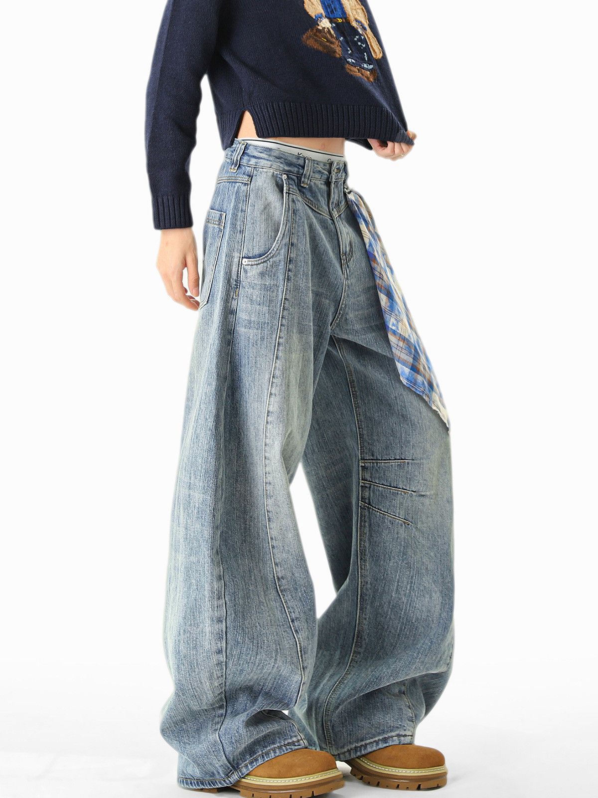 Vintage American men's washed distressed straight patchwork jeans Size US 32 / EU 48 - 2 Thumbnail