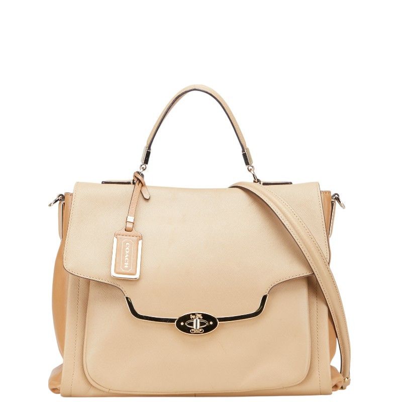 Coach Coach Logo Leather 2Way Handbag Leather Shoulder Bag in Beige, Women's