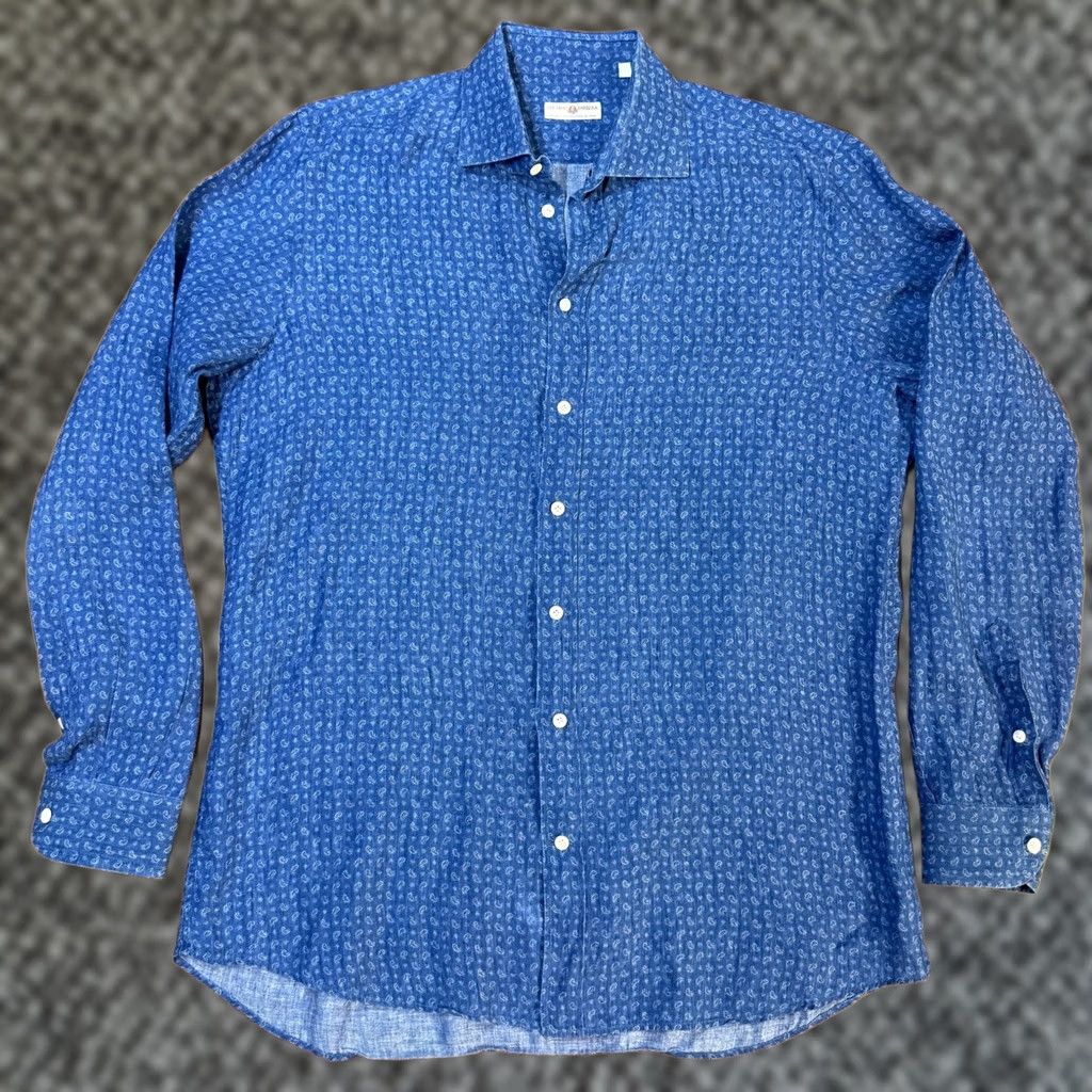 Vintage Luciano Barbera Shirt Mens XL Blue Button Linen Business Casual Paisley Size US XL / EU 56 / 4 - 1 Thumbnail