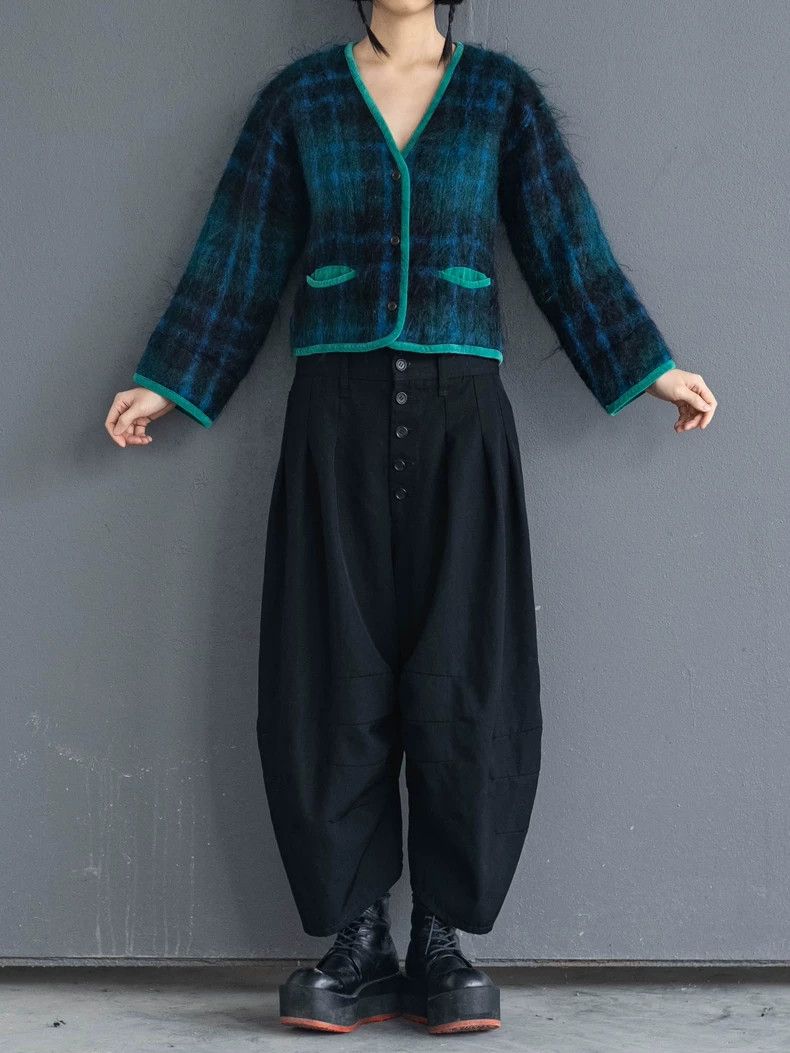 Kenzo 1980s KENZO Green Plaid Fuzzy Cardigan Vintage Size US M / EU 48-50 / 2 - 1 Thumbnail