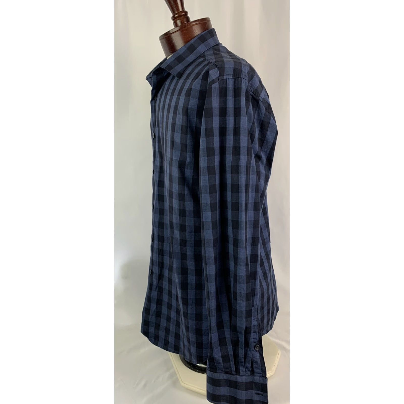 Alfani VINTAGE Large Alfani Slim Fit Stretch Long Sleeve Button Up Blue Plaid Check Dress Shirt Size 42R - 3 Thumbnail