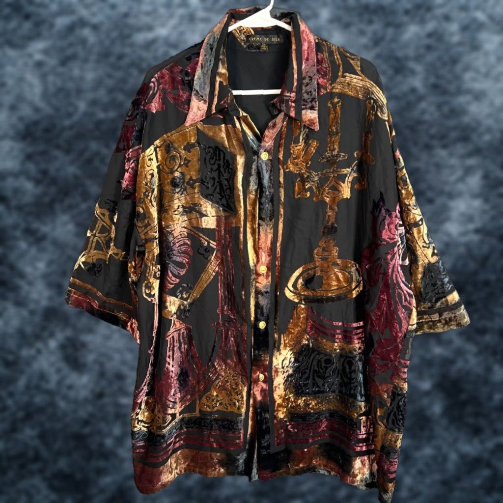 Velvet VINTAGE Creme De Silk Shirt 2X Black Silk Velvet Button-Up Womens 90s Fashion Holiday? Size XXL / US 16-18 / IT 52-54 - 1 Thumbnail