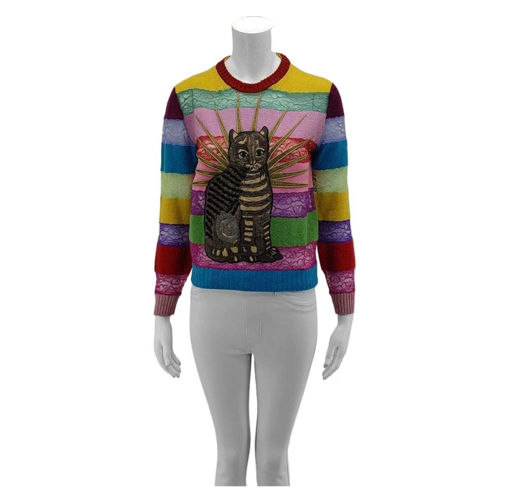 Gucci Gucci Cat Embroidery Colorful Stripe Lace Pullover Size S / US 4 / IT 40 - 1 Thumbnail