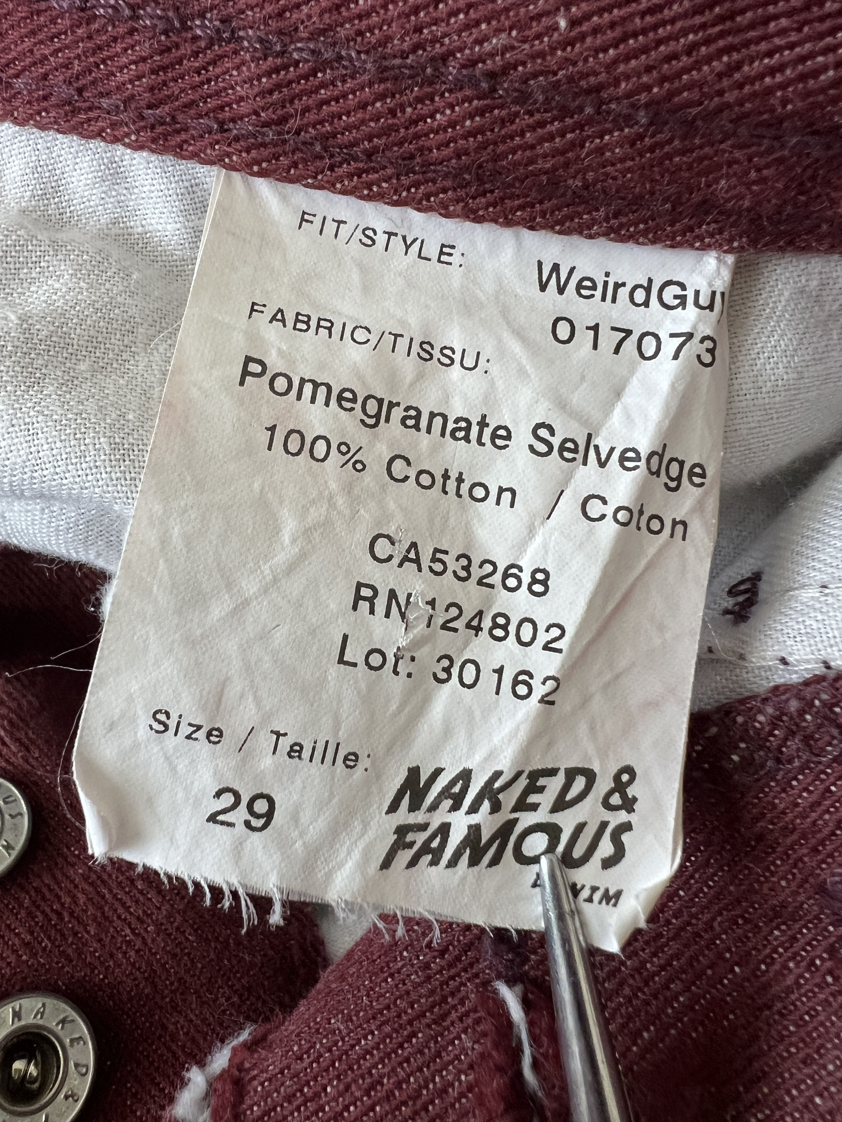 Naked & Famous Pomegranate Selvedge Weird Guy Button-Fly Jeans - 29x27 Size US 29 - 8 Thumbnail