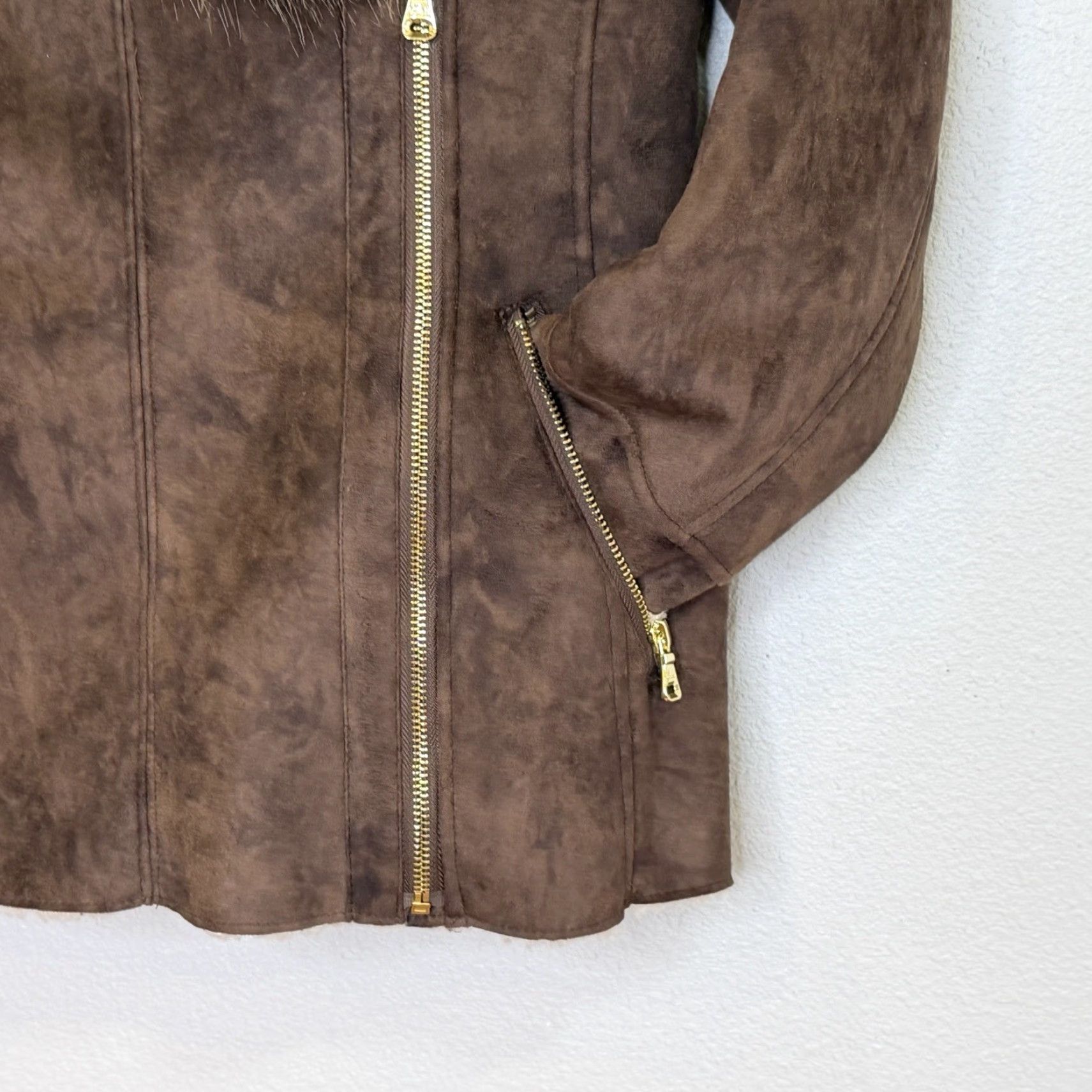 Guess VINTAGE GUESS Y2K Faux Suede Jacket Womens Medium Brown Fur Collar Zip Up Biker Size M / US 6-8 / IT 42-44 - 3 Thumbnail