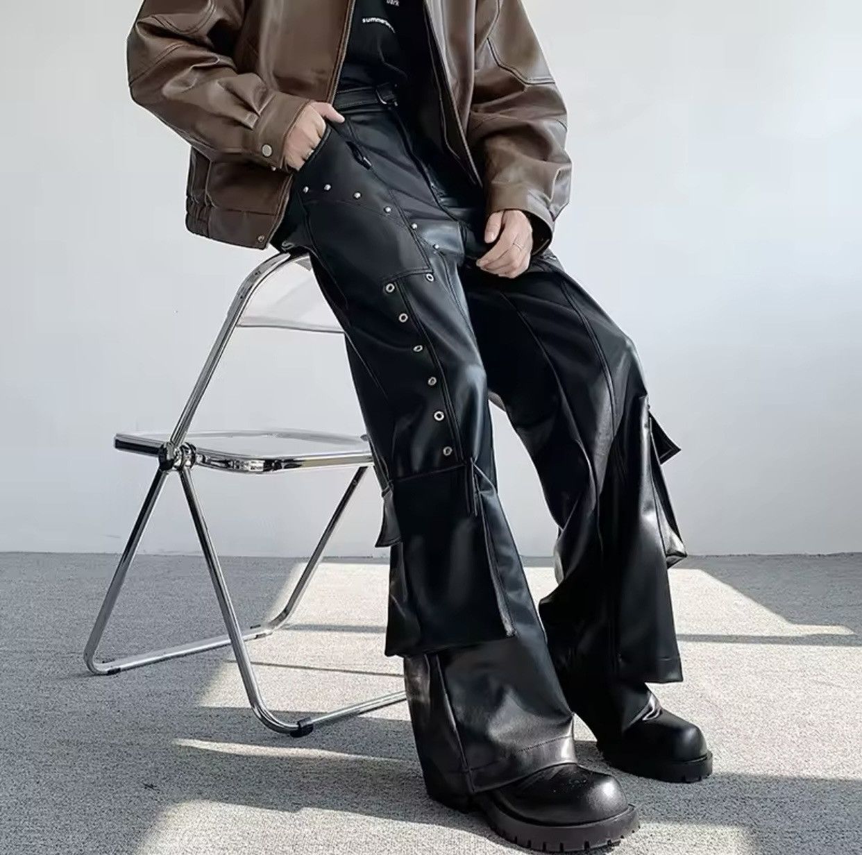 Japanese Brand × Vintage Leather Trousers Rivet Niche Design PU Casual Pants Size US 35 - 6 Thumbnail