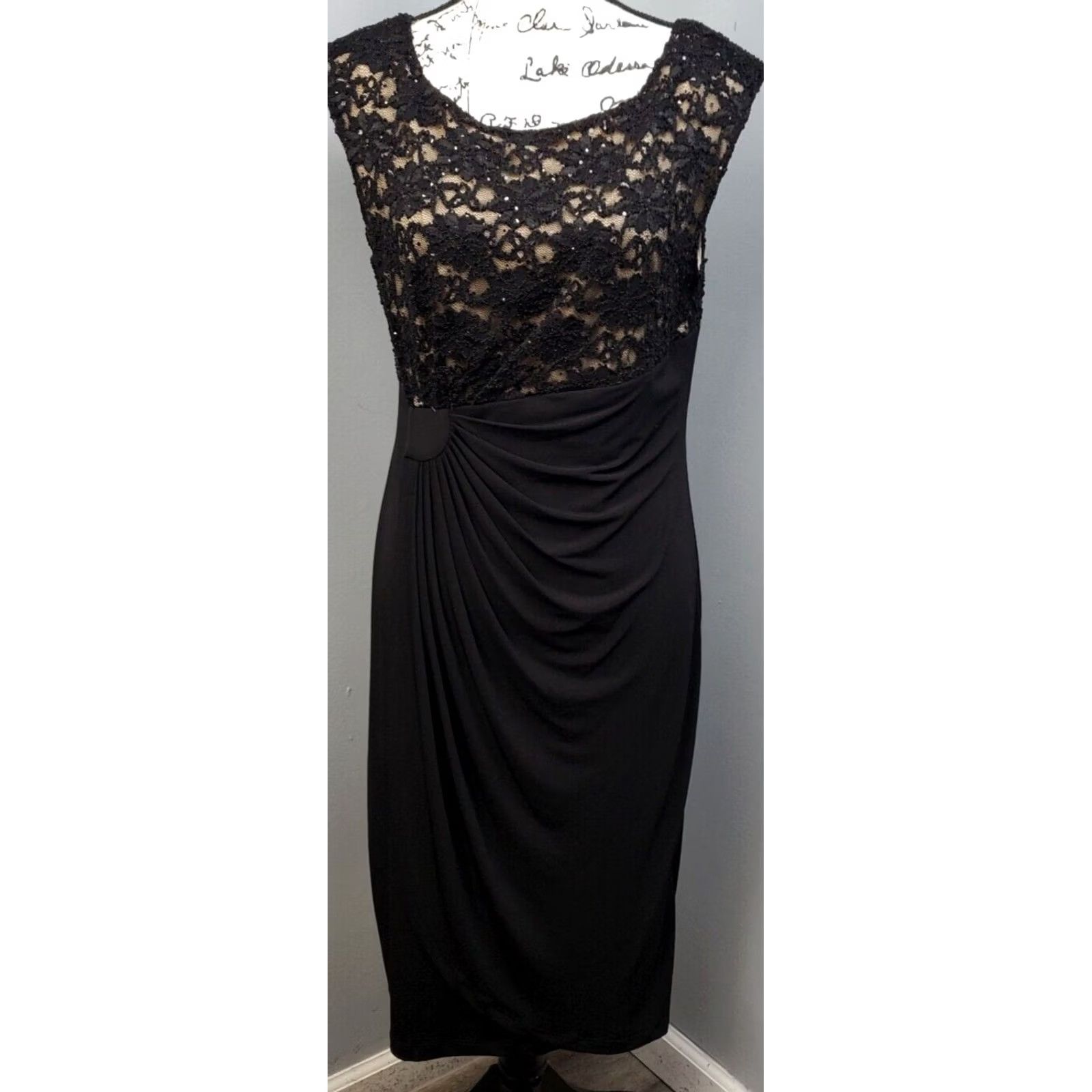 Vintage Connected Apparel Bodycon Dress Womens Size 14 Black Tan Lace Pleated Round Neck Size XL / US 12-14 / IT 48-50 - 2 Thumbnail