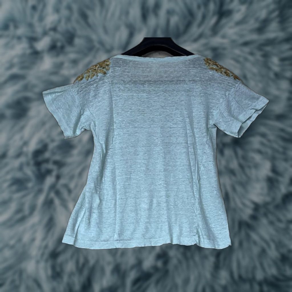 Vintage Maria Filo Women Blue 100% Linen Short Sleeve Top Size Medium Crew Neck Studded Casual Tops M Womens Size M / US 6-8 / IT 42-44 - 1 Thumbnail